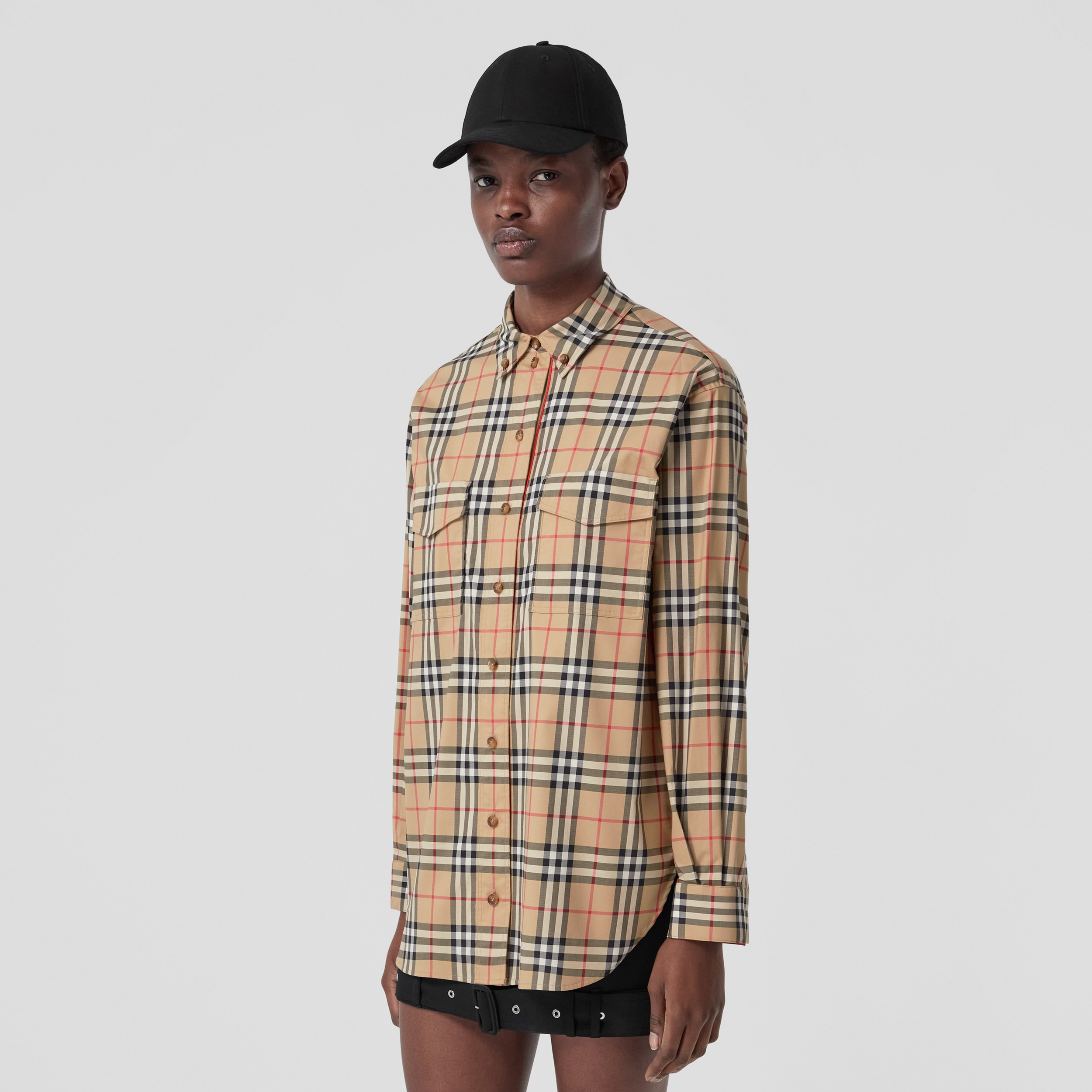 Check Stretch Cotton Oversized Shirt in Archive Beige - Women | Burberry® Official - 1
