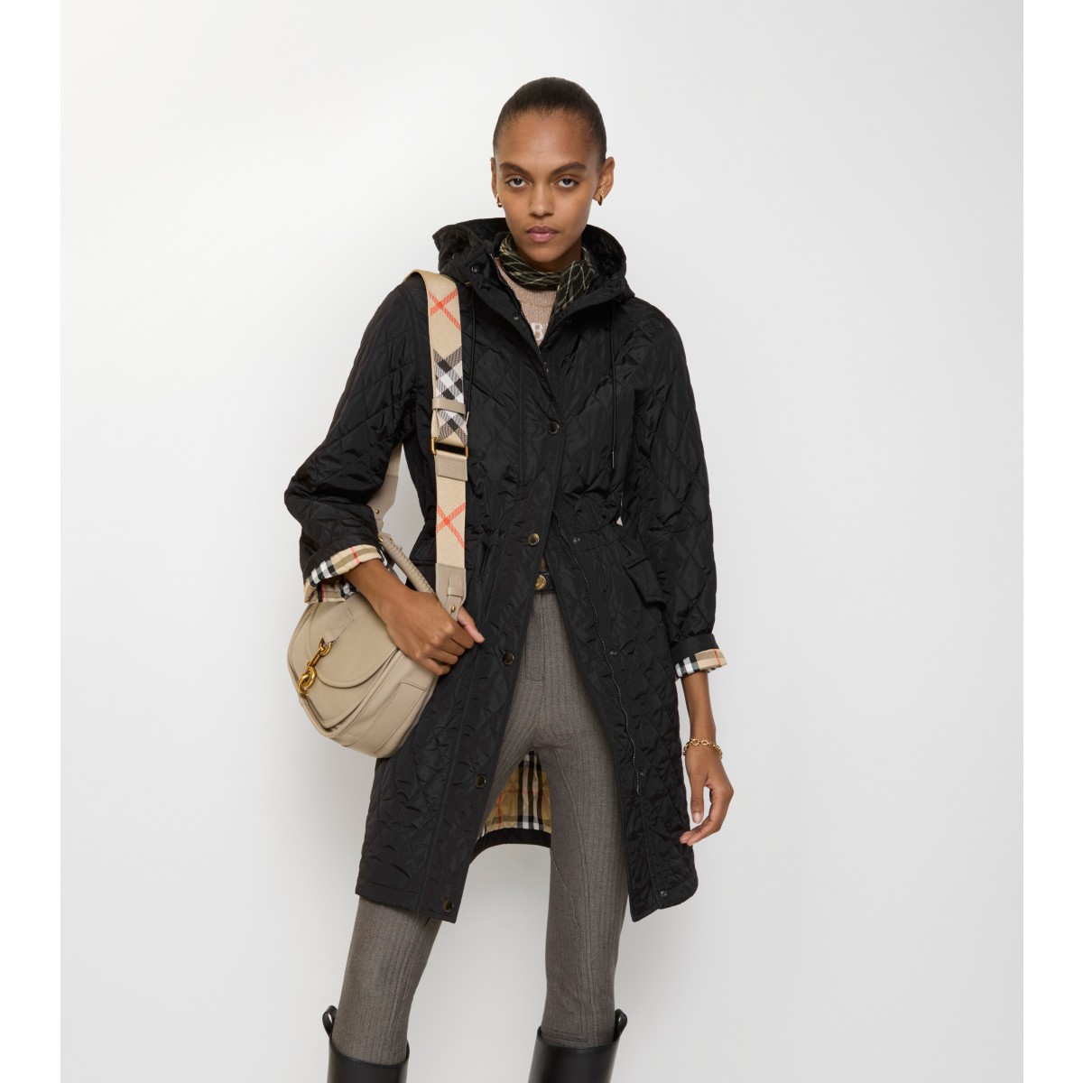  Check Quilted Nylon Hooded Coat