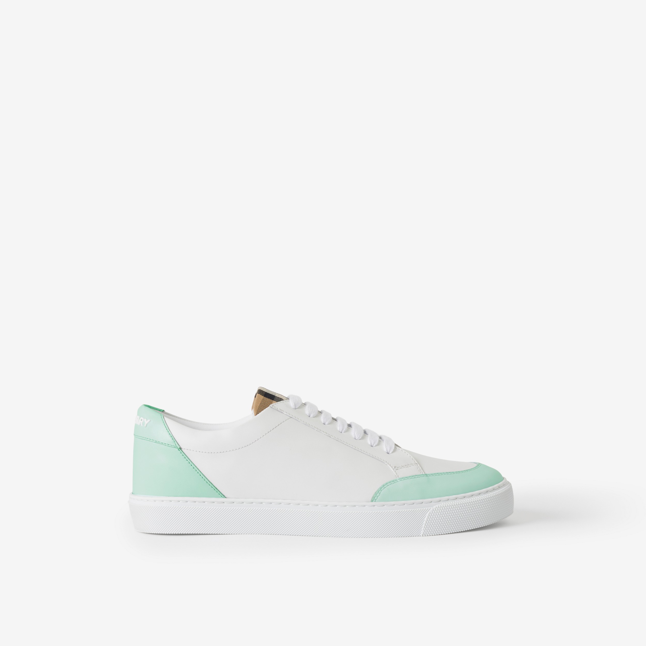 Leather and Check Cotton Sneakers in Optic White/cool Mint - Women | Burberry® Official - 1