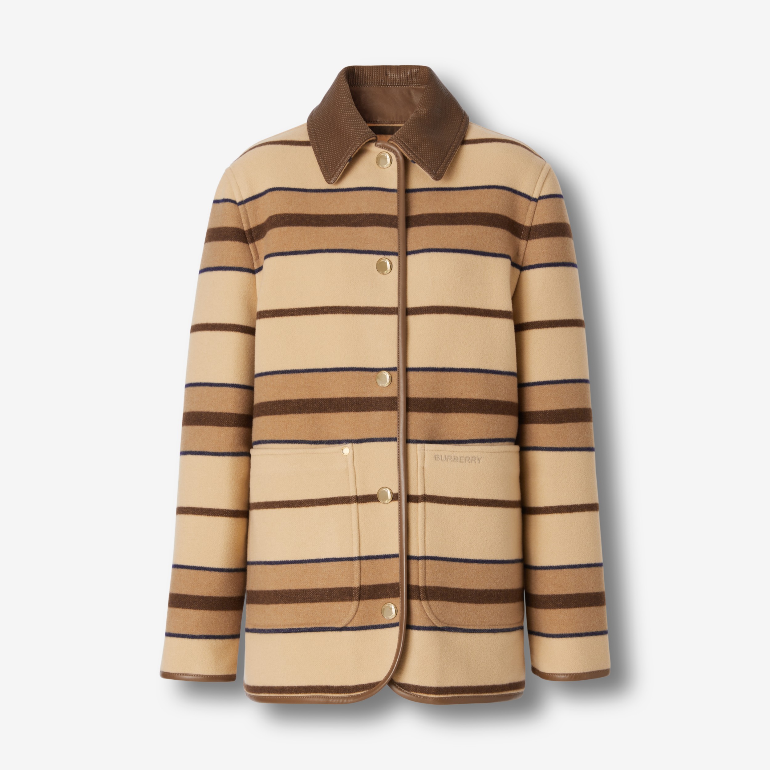 Leather Trim Striped Wool Barn Jacket in Soft Camel - Women | Burberry®  Official