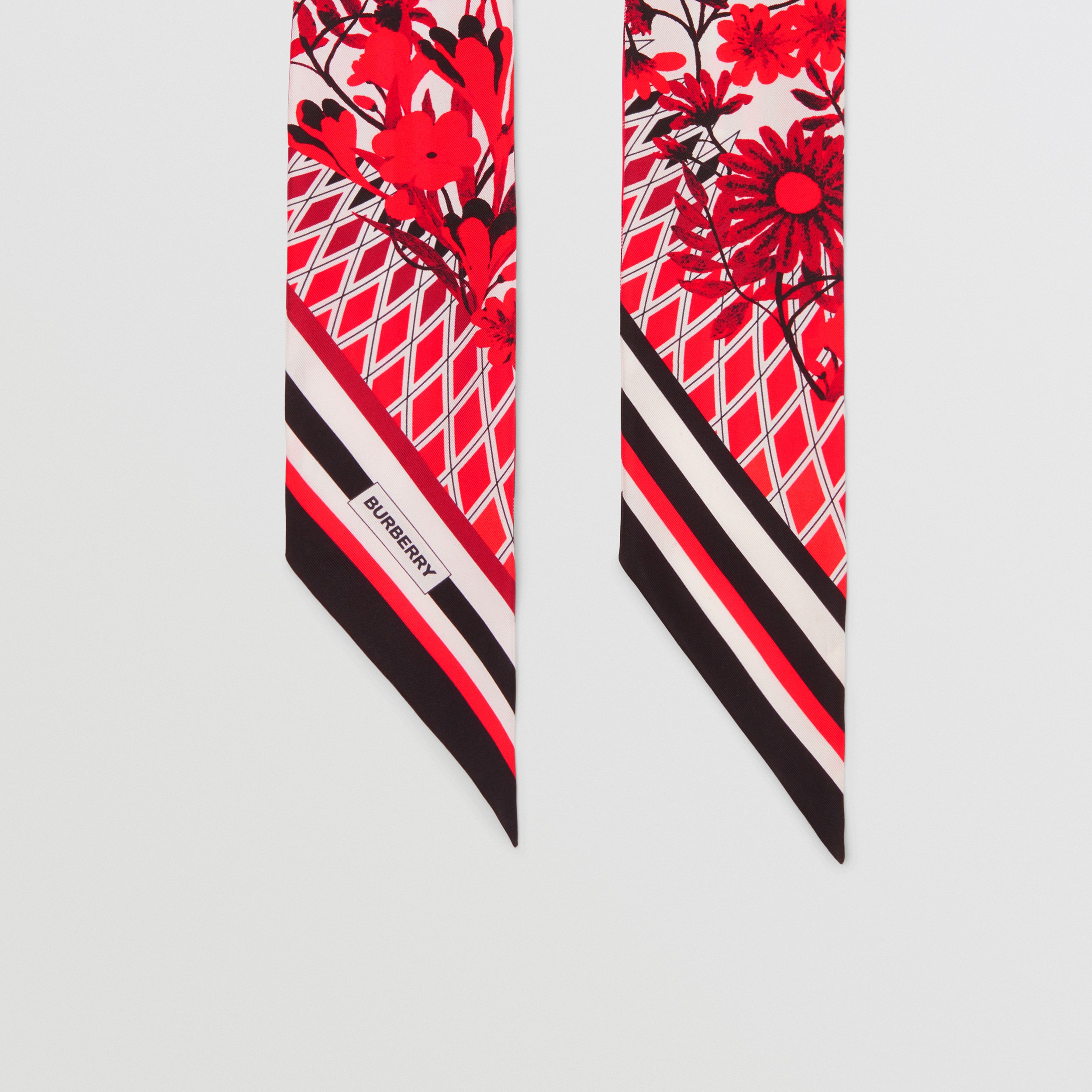 Check and Floral Print Silk Skinny Scarf – Online Exclusive in Bright Red - Women | Burberry® Official - 4