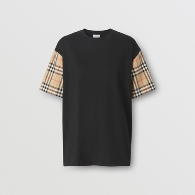 Vintage Check Sleeve Cotton Oversized T-shirt