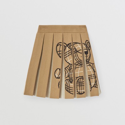 Burberry Thomas Bear Intarsia Wool Blend Pleated Skirt In Archive Beige