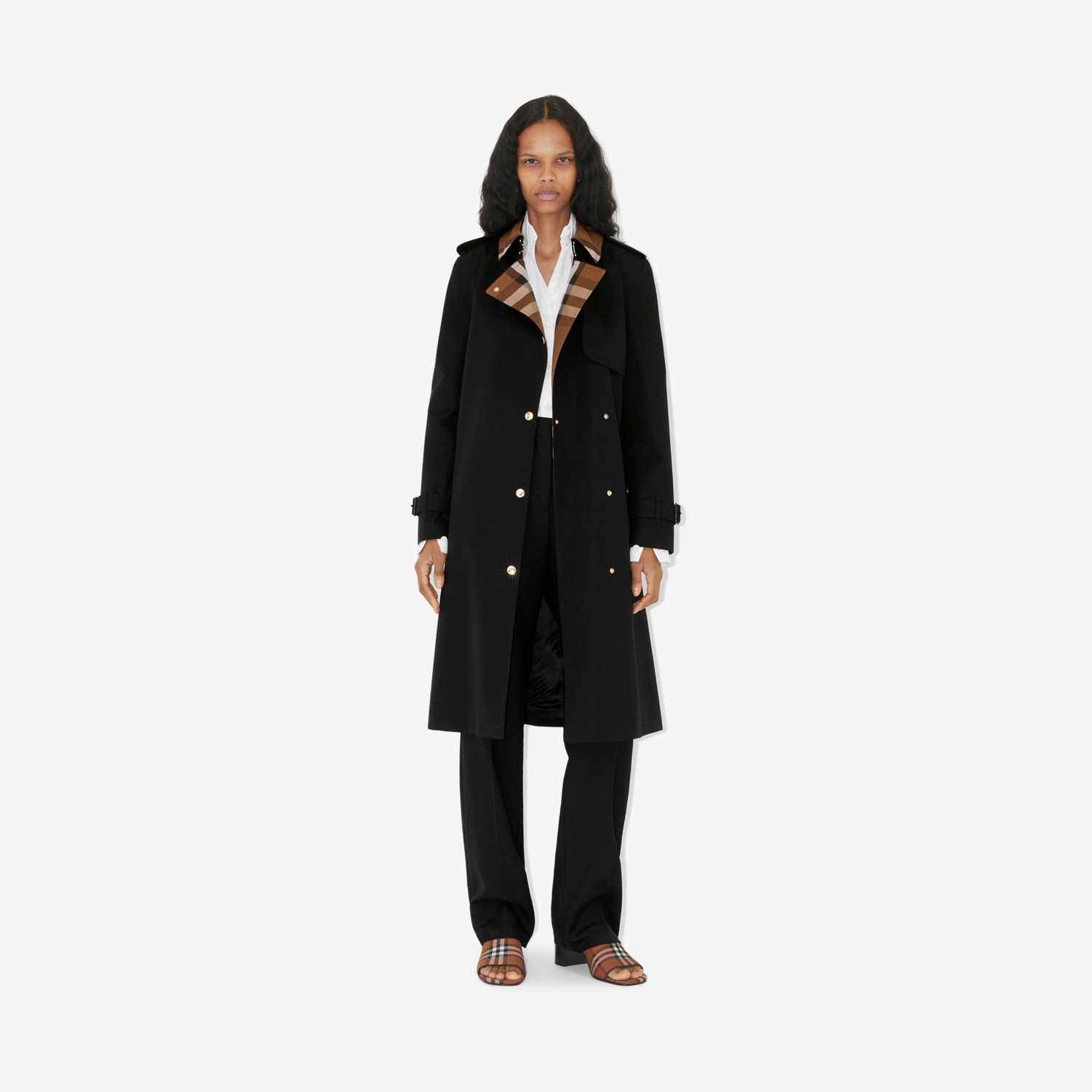 Trench coat de gabardine de algodão com recorte xadrez (Preto) - Mulheres | Burberry® oficial
