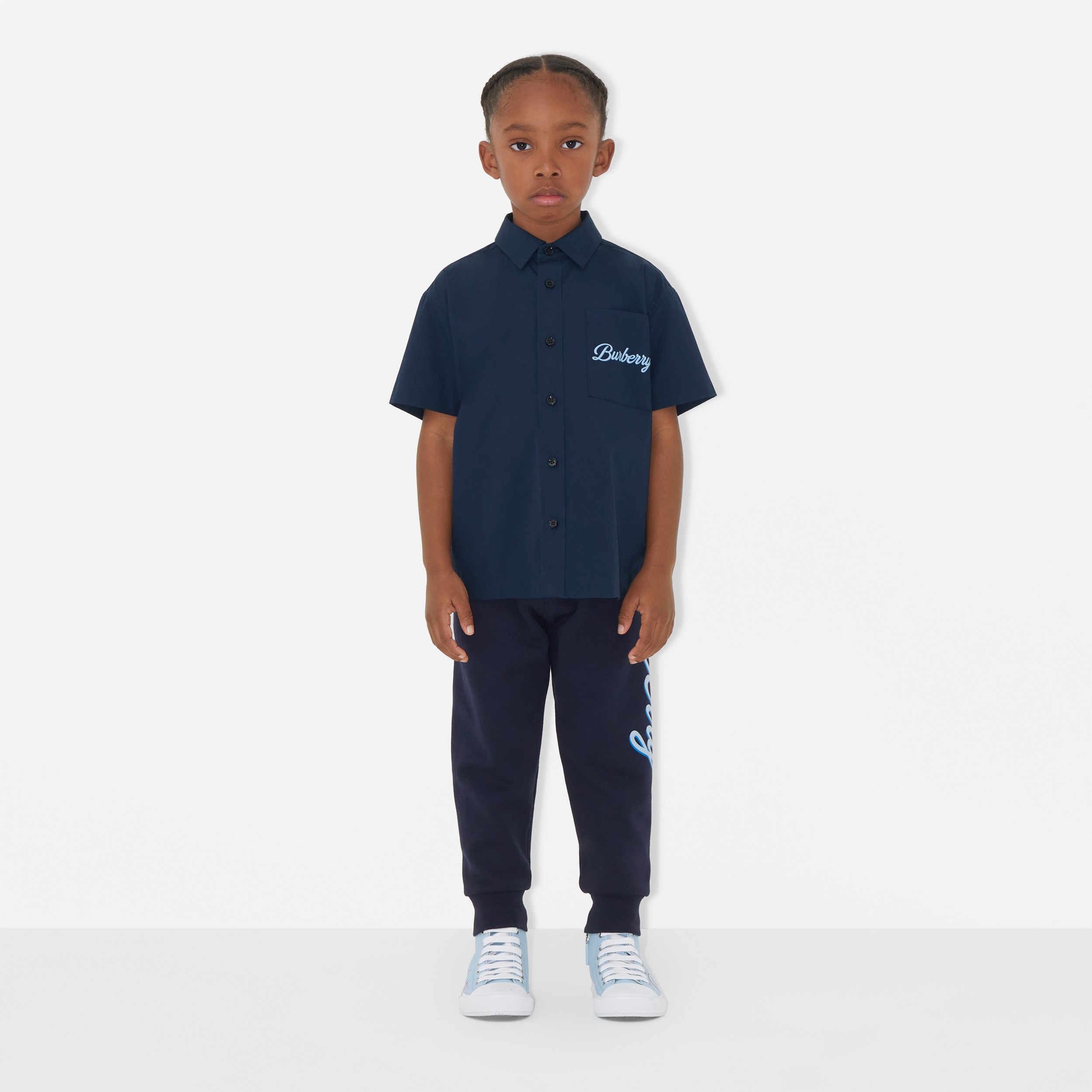 Camisa en algodón elástico con logotipo caligrafiado (Azul Marengo Fuerte) | Burberry® oficial - 3