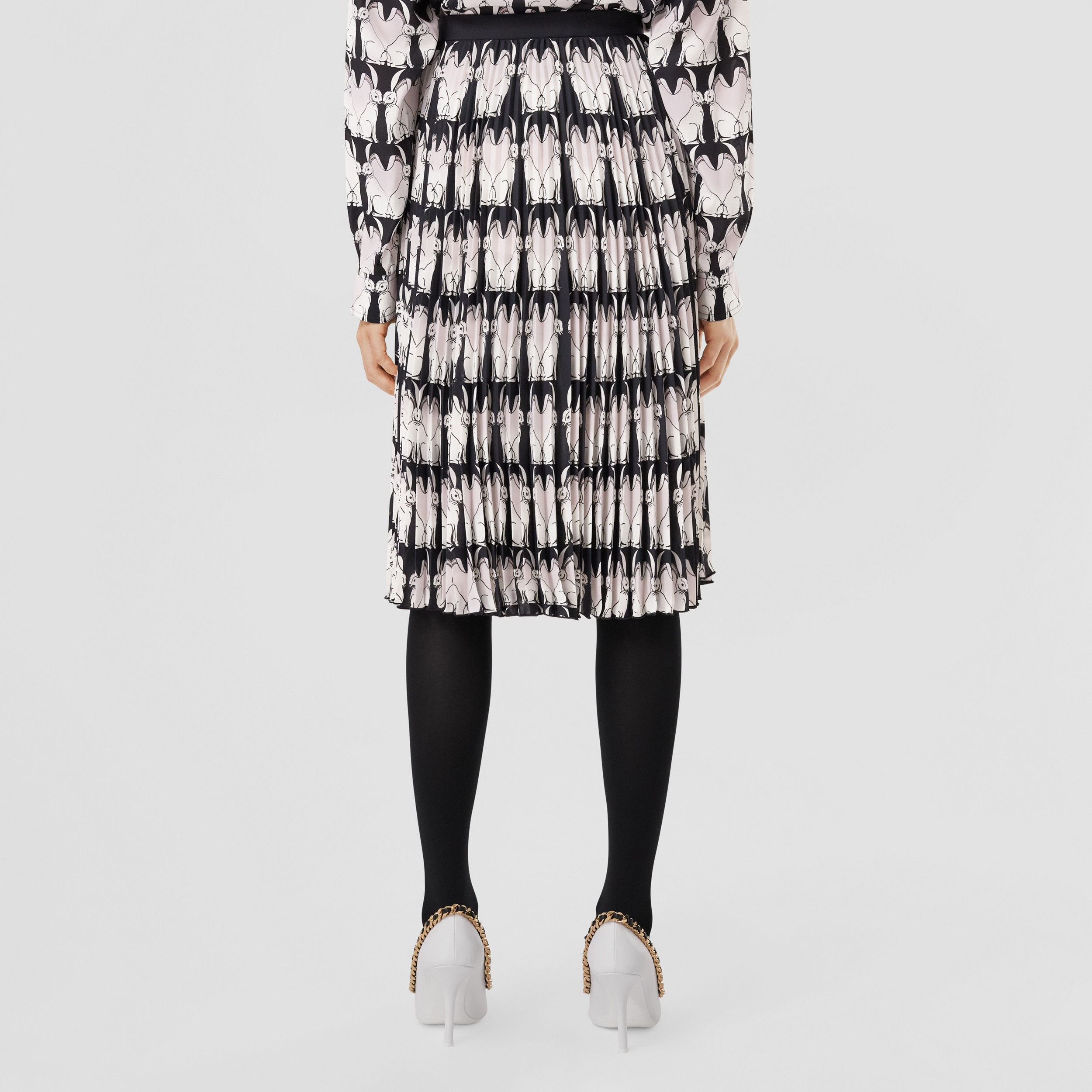 Rabbit Print Pleated Crepe de Chine Skirt in Black - Women | Burberry® Official - 3