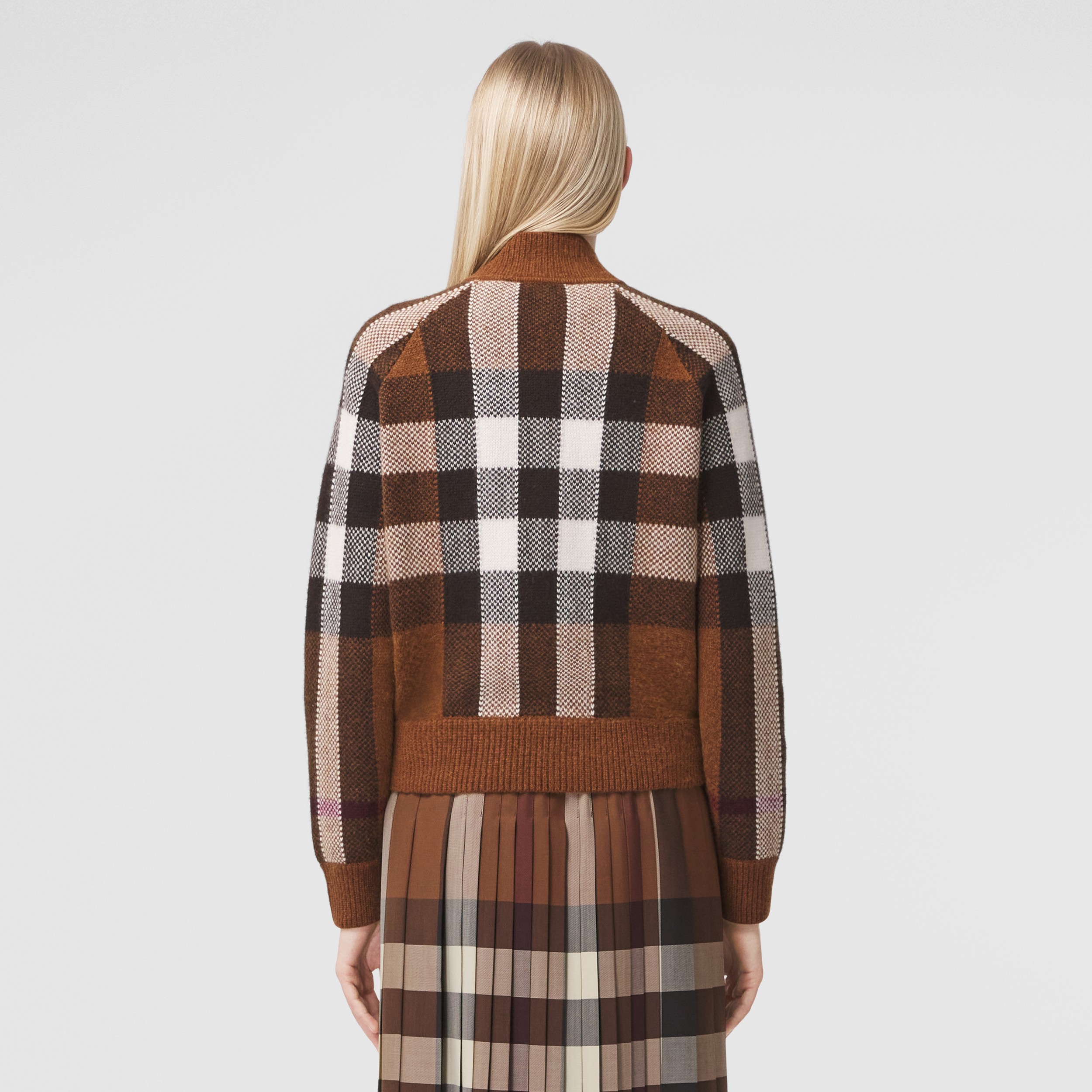 Check Intarsia Wool Cashmere Bomber Jacket in Dark Birch Brown - Women | Burberry® Official - 3