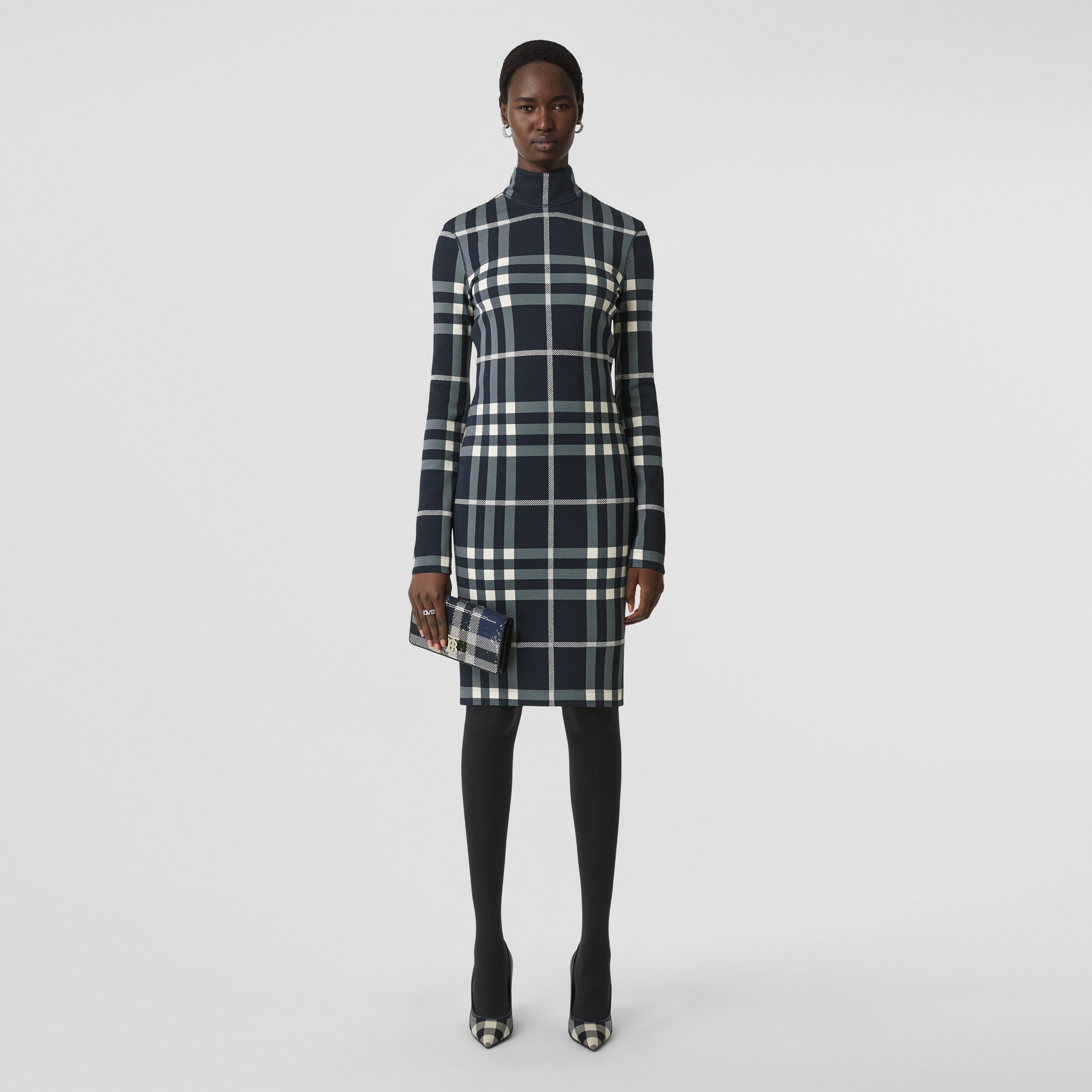Night Check Stretch Jersey Funnel Neck Dress – Exclusive Capsule Collection in Dark Charcoal Blue/silver - Women | Burberry® Official - 4