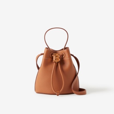 Burberry Grainy Leather Mini Tb Bucket Bag In Warm Russet Brown