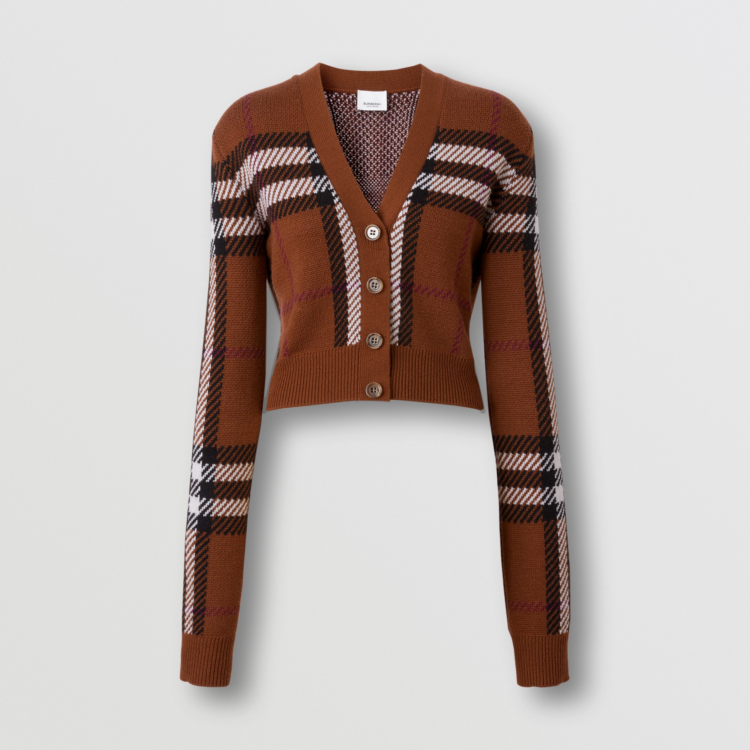 Check Wool Jacquard Cropped Cardigan in Dark Birch Brown - Women | Burberry® Official - 4