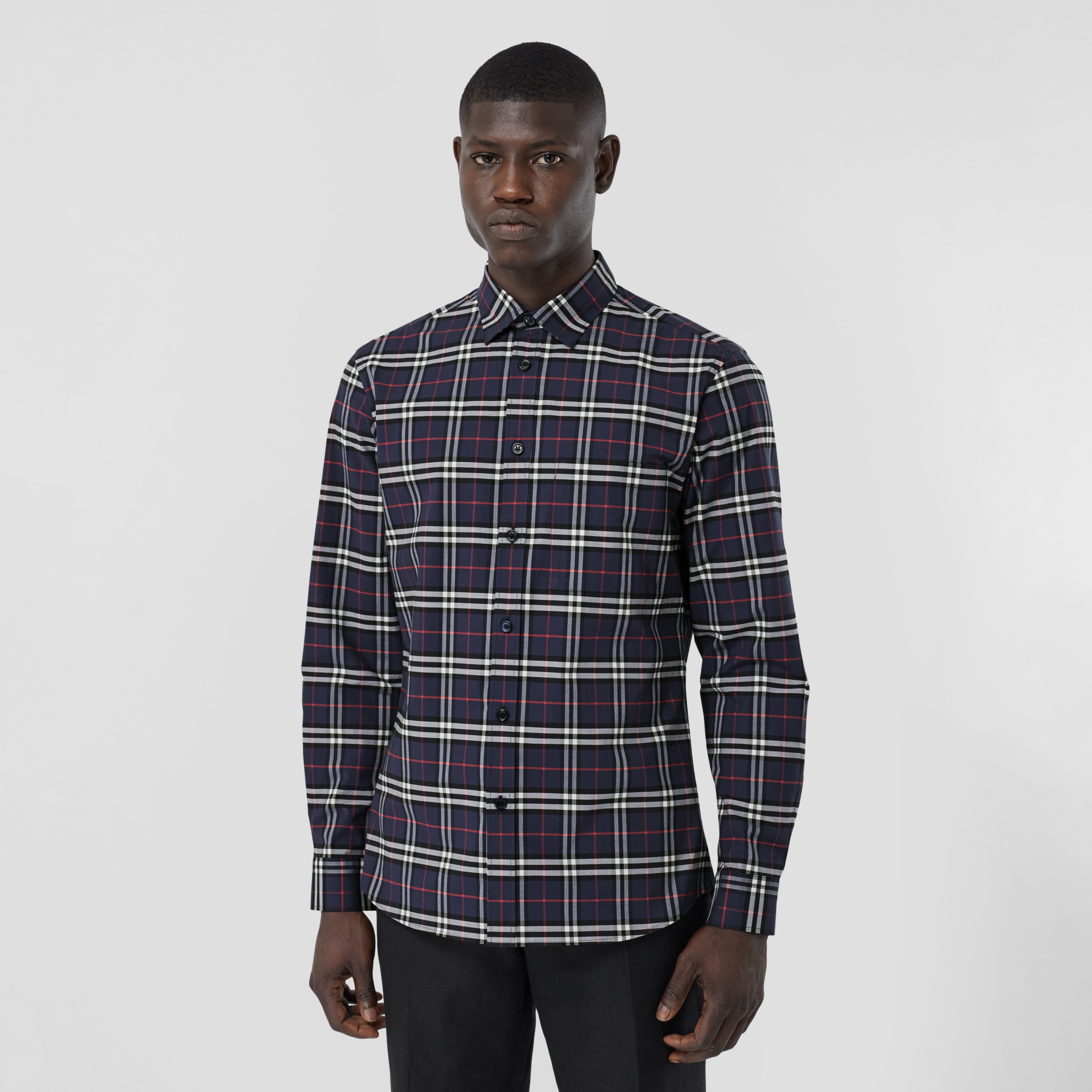 Check Stretch Cotton Shirt in Navy - Men | Burberry® Official
