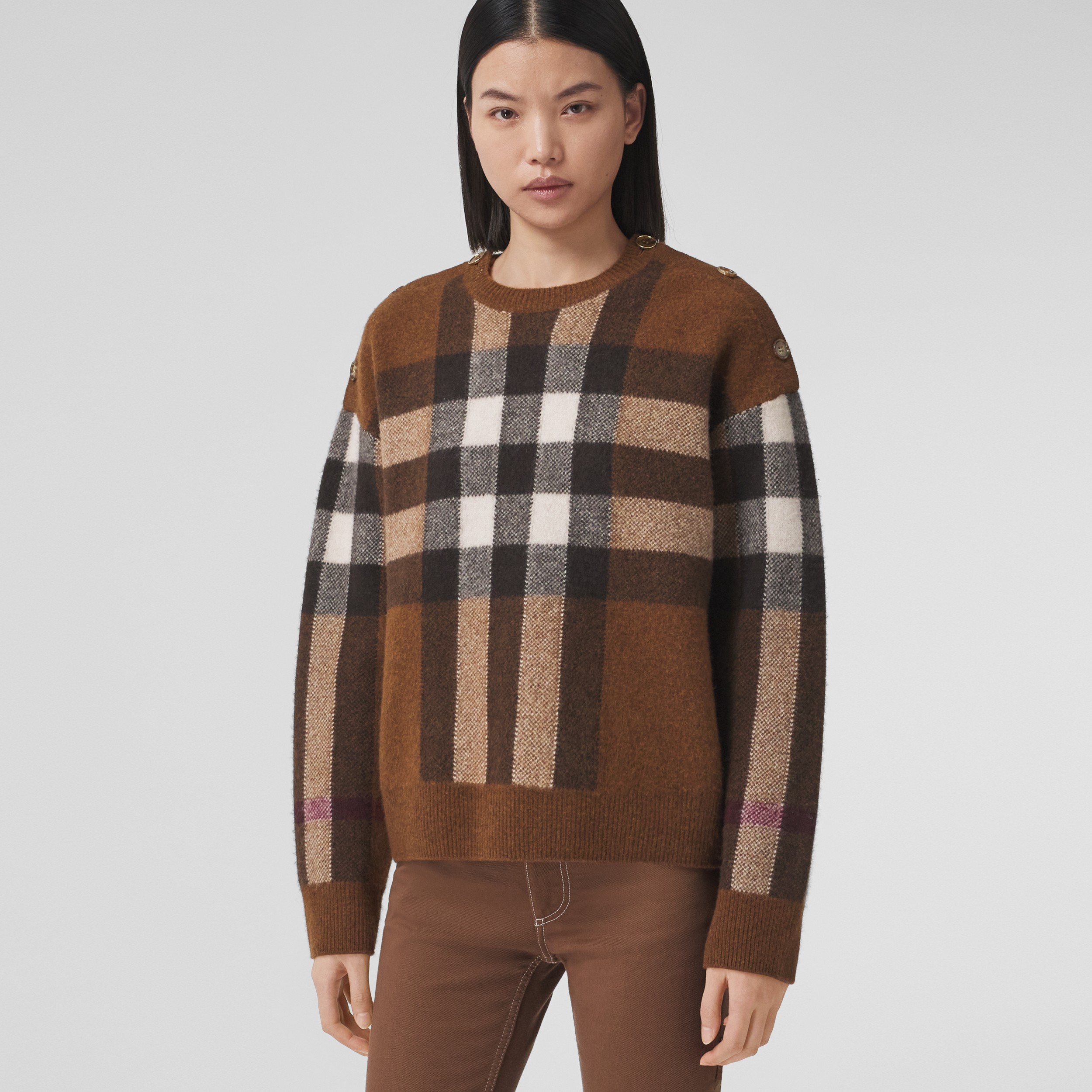 Exaggerated Check Wool Cashmere Sweater in Dark Birch Brown - Women | Burberry® Official - 4