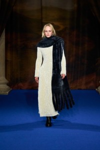 Jean Campbell wearing Sequinned dress and Shearling scarf