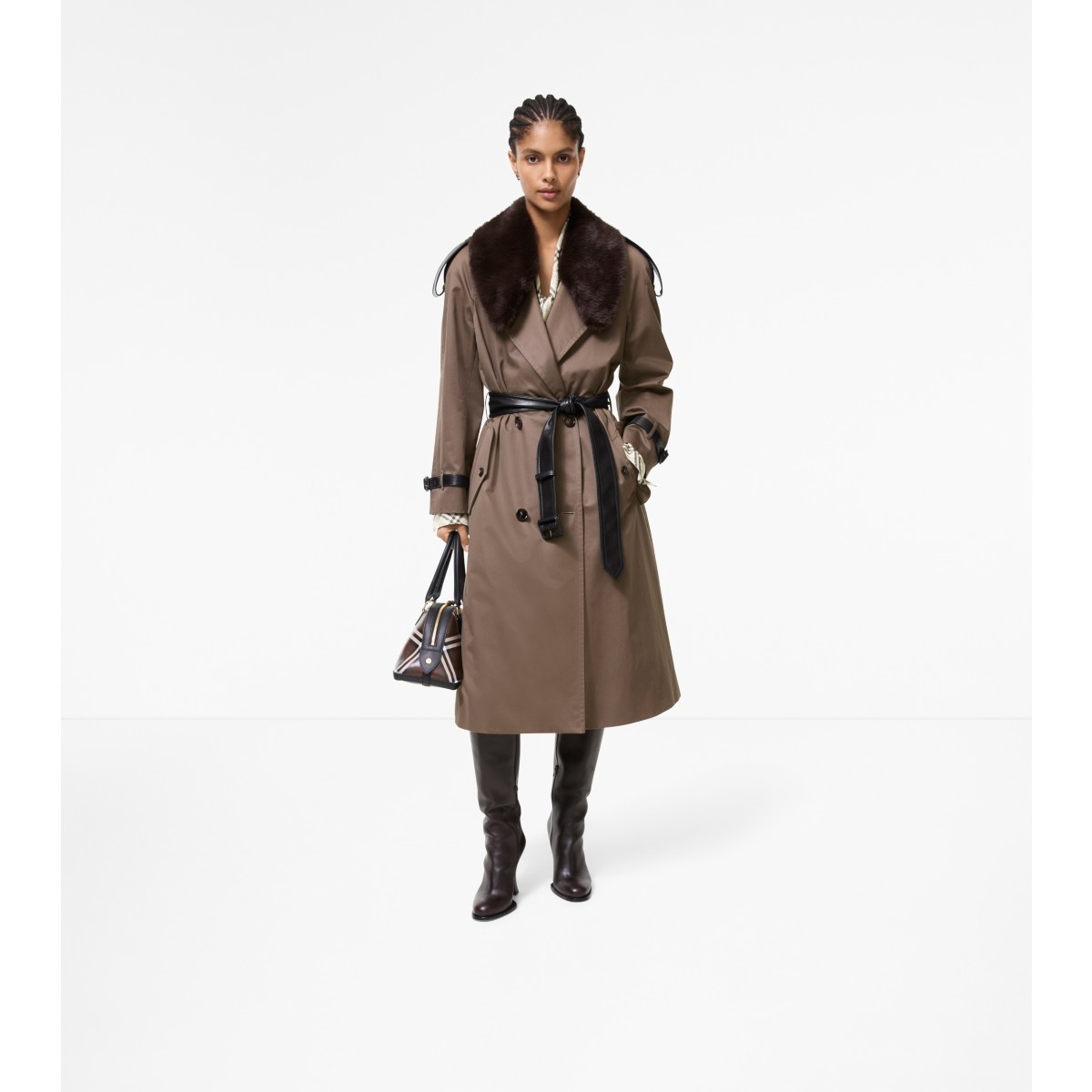  Check Long Faux Fur Collar Roseville Trench Coat