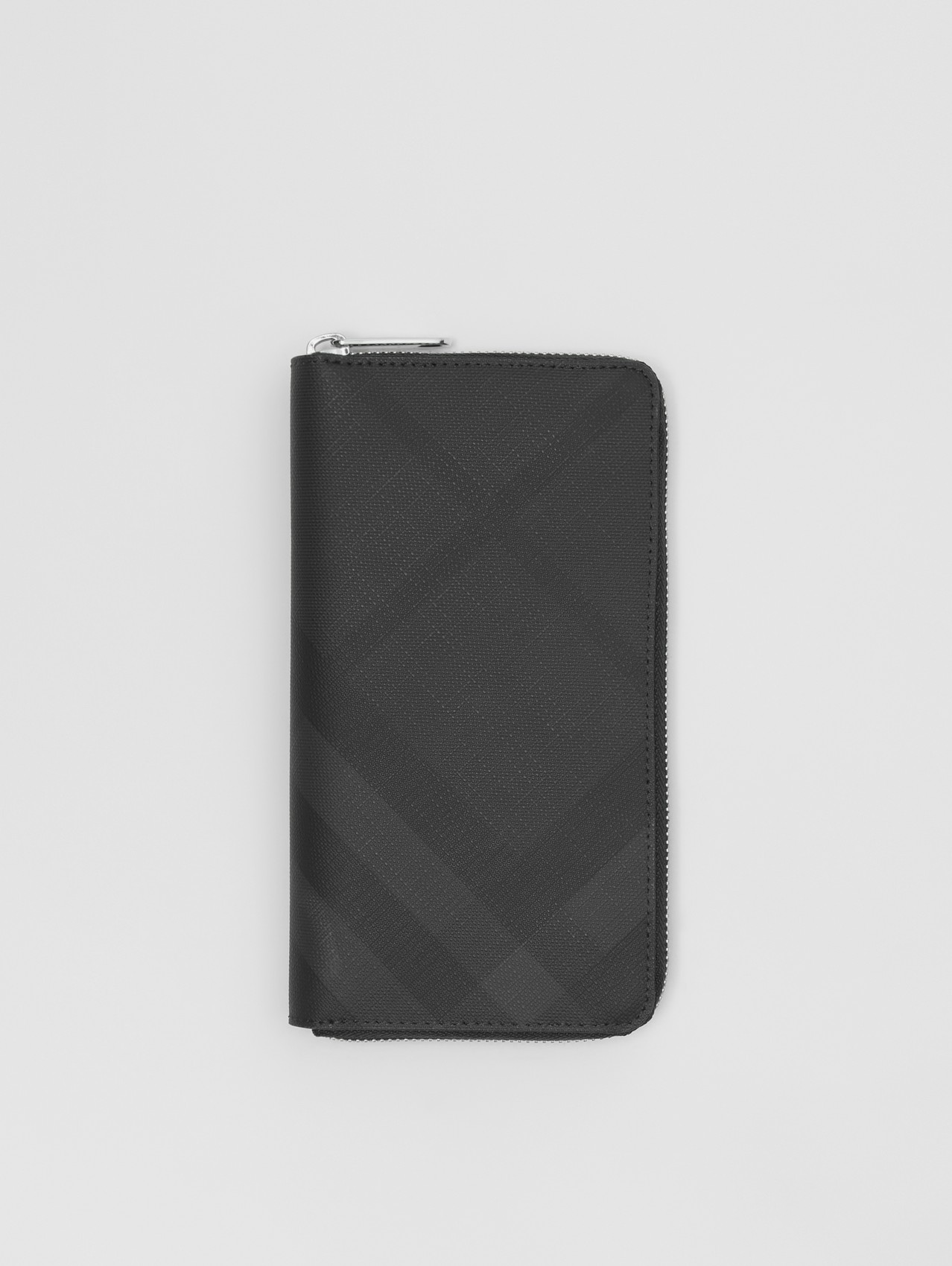 London Check and Leather Ziparound Wallet in Dark Charcoal