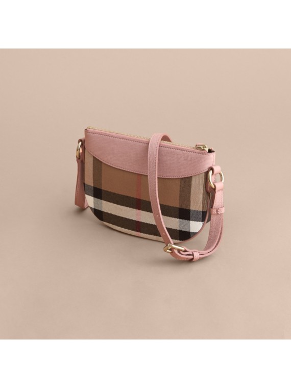 House Check and Leather Crossbody Bag in Pale Orchid Burberry United