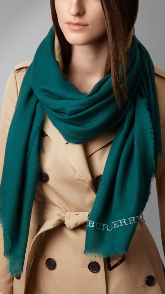 Embroidered Lightweight Cashmere Scarf in Dark Cyan Burberry United