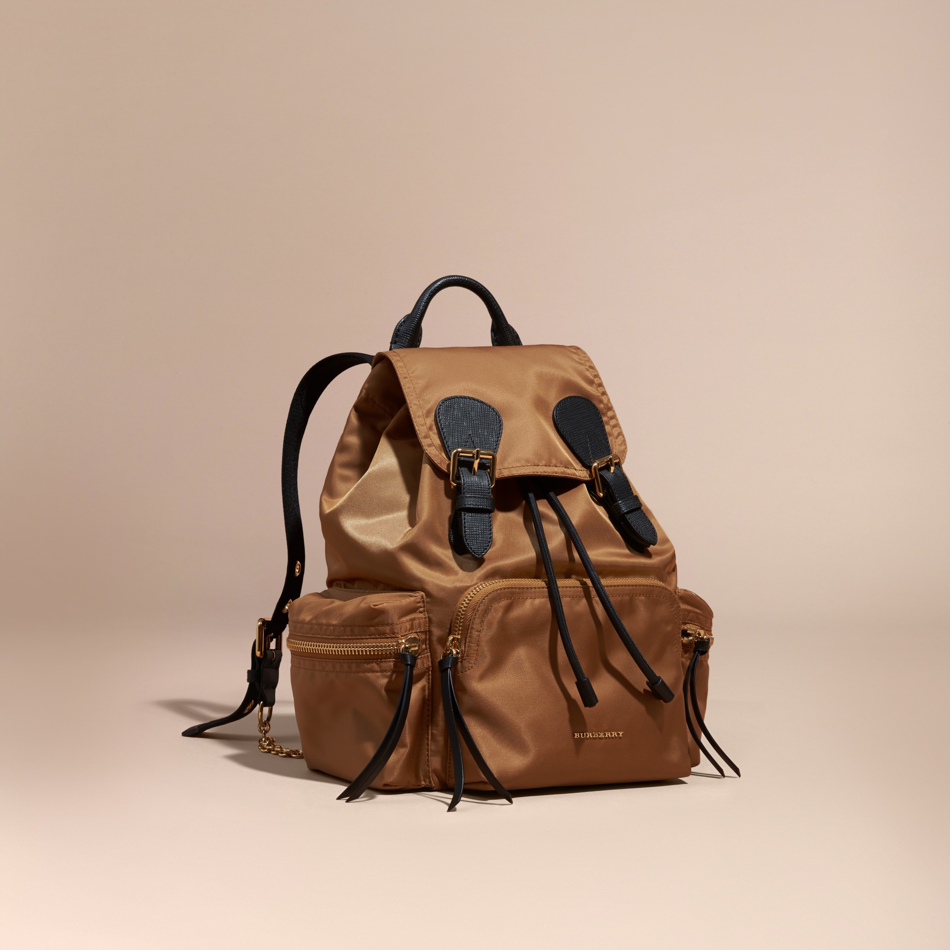 The Medium Rucksack in Technical Nylon and Leather in Light Flax