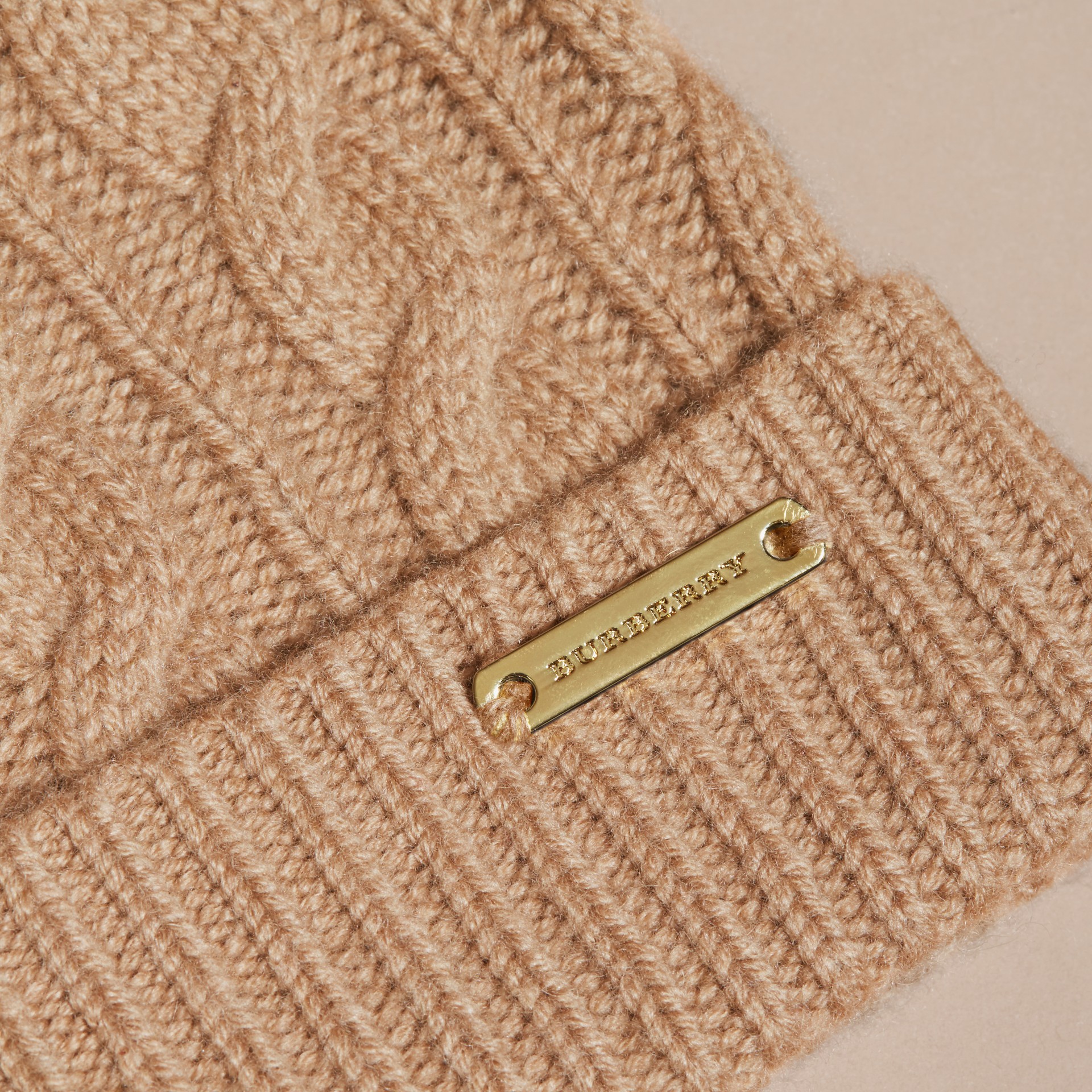 Wool Cashmere Beanie with Fur PomPom Camel Burberry