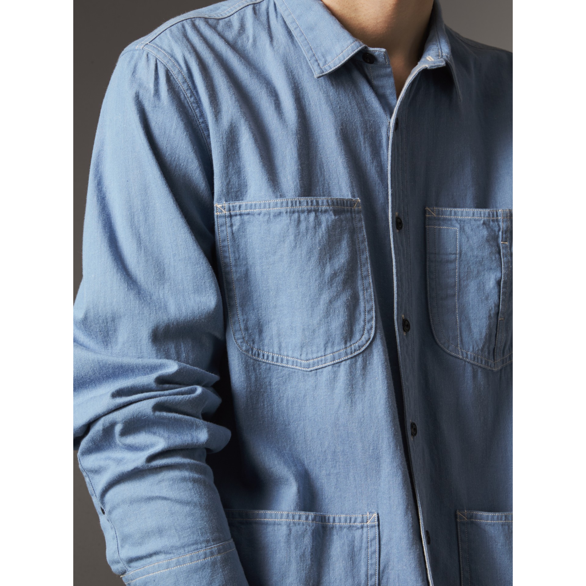 Japanese Denim Work Shirt in Light Blue - Men | Burberry United States