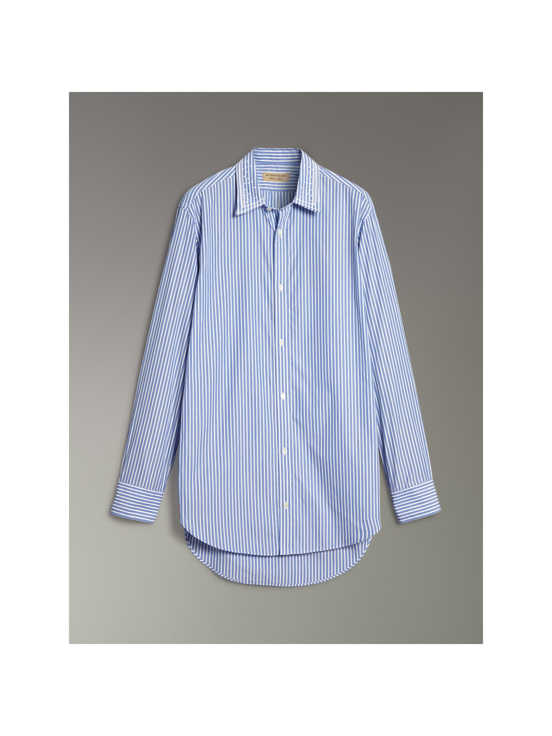 刺绣领条纹棉质衬衫 (中调蓝色) - 男士 | burberry 博柏利