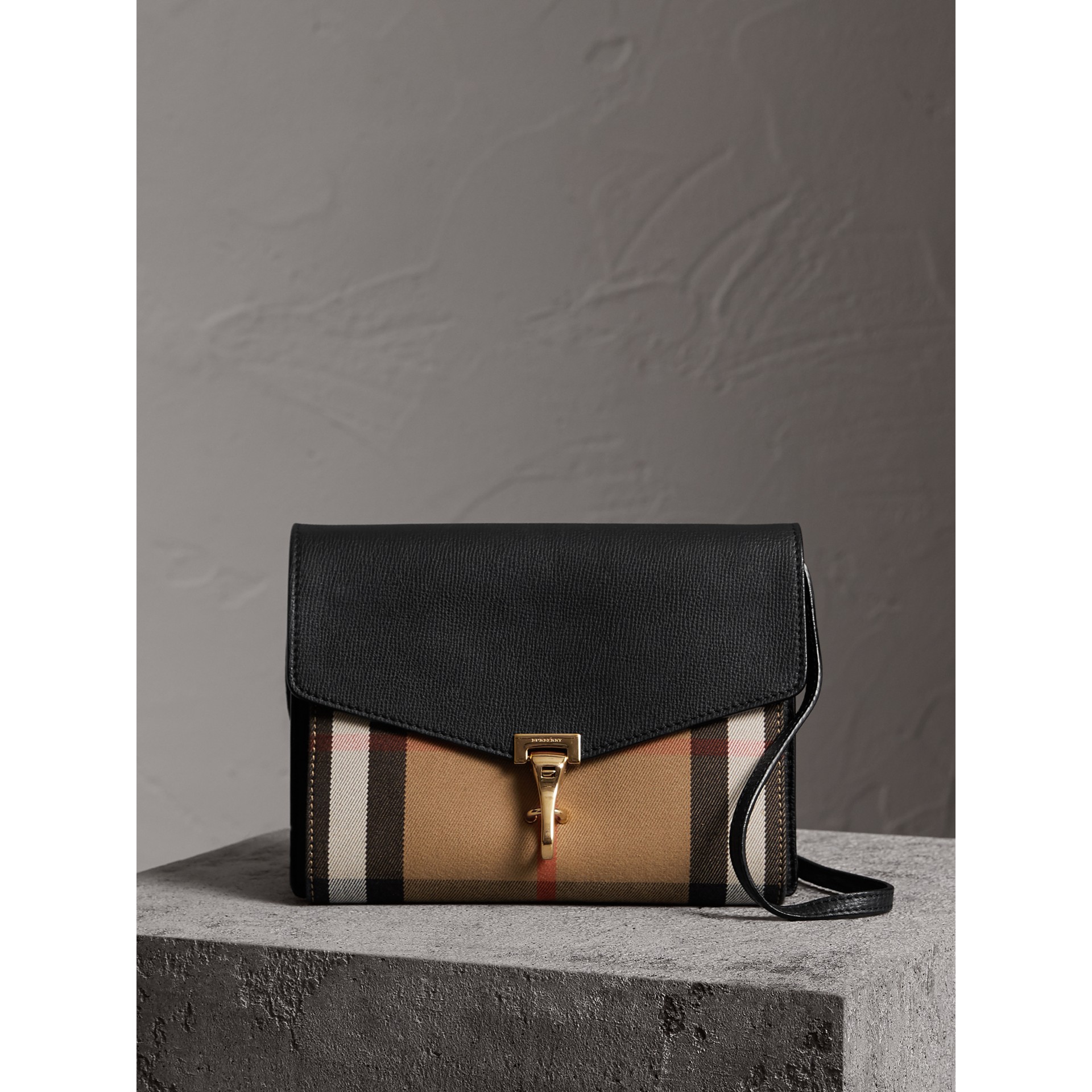 Small Leather and House Check Crossbody Bag in Black Women Burberry