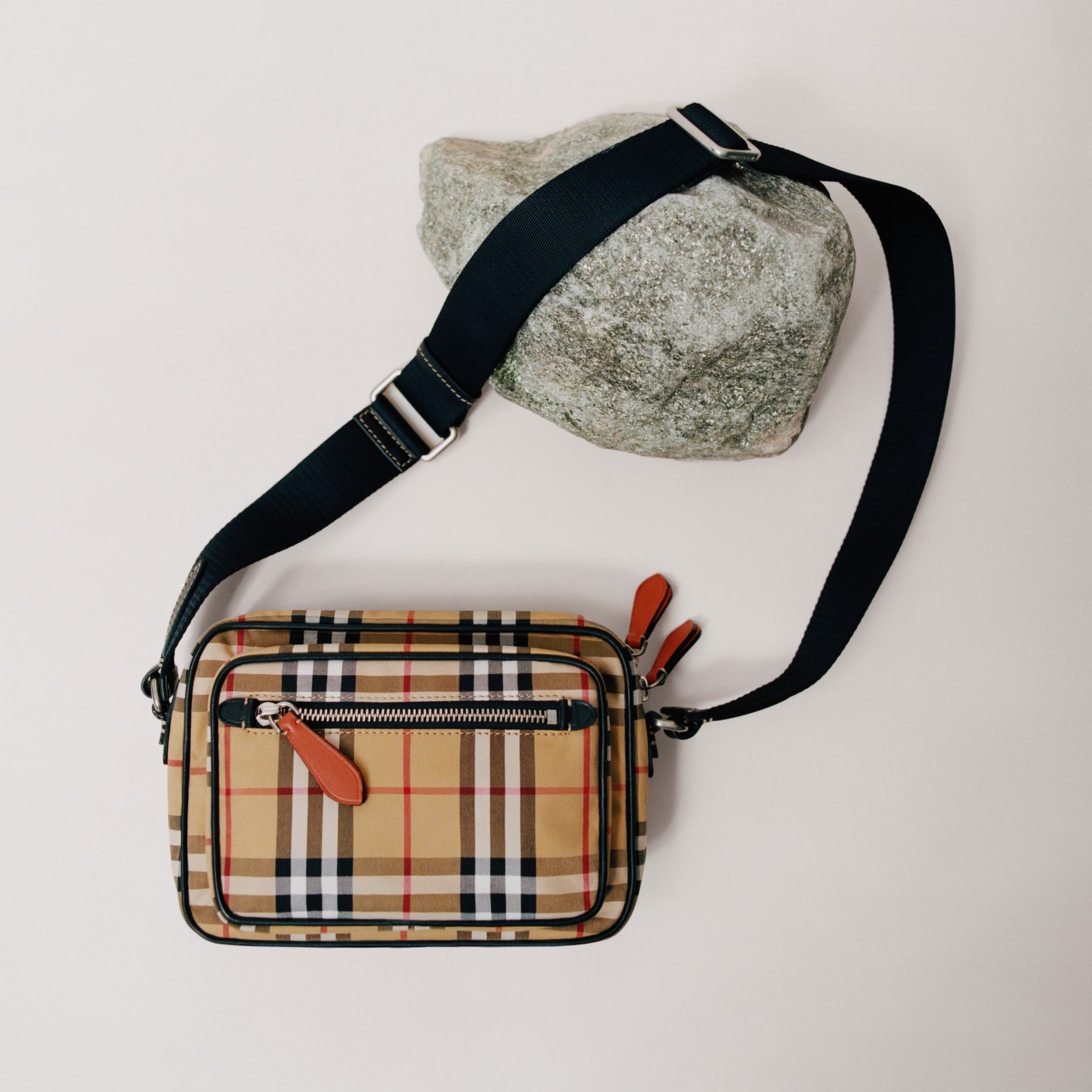Vintage Check and Leather Crossbody Bag in Clementine - Men | Burberry United States