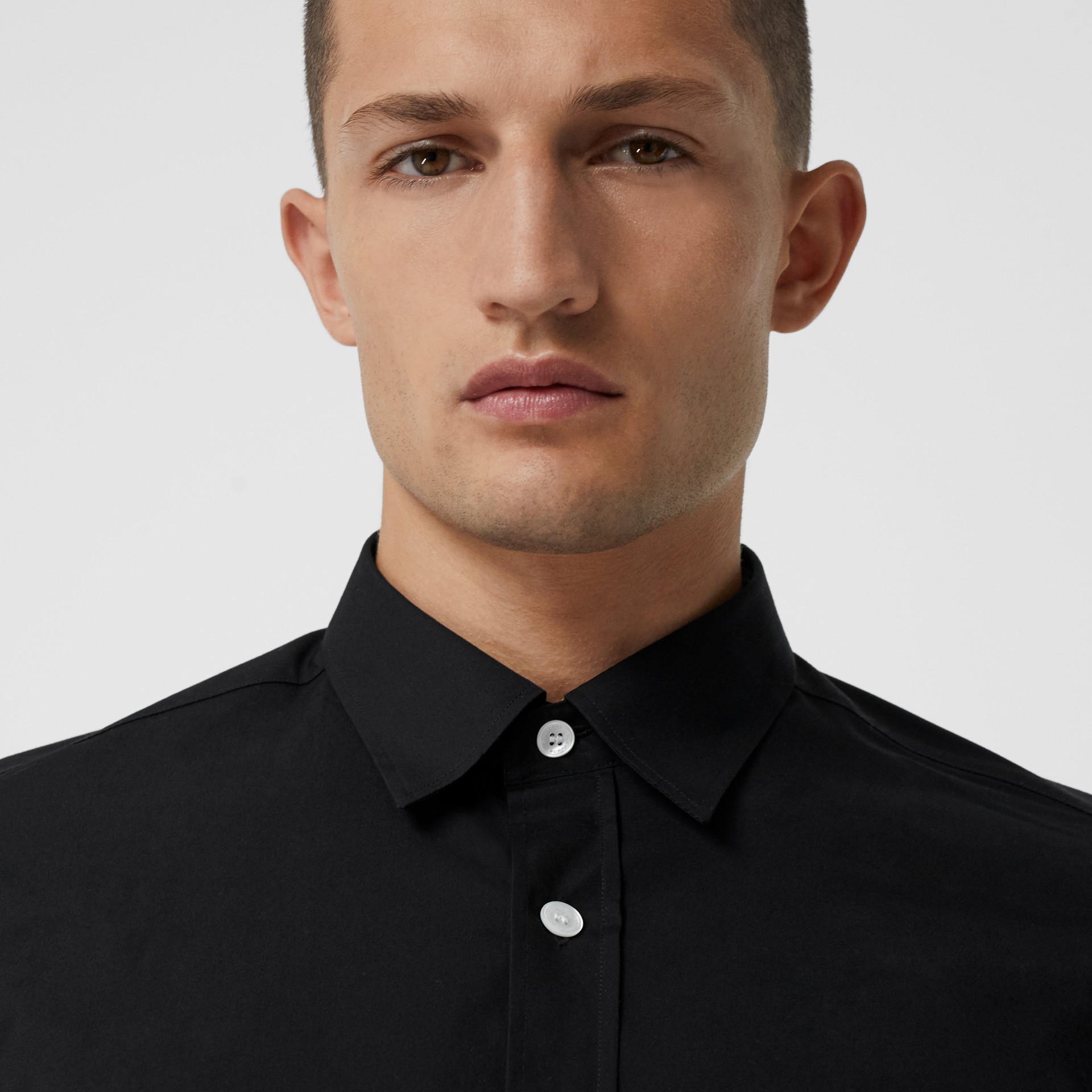 Contrast Button Stretch Cotton Shirt in Black - Men | Burberry United ...