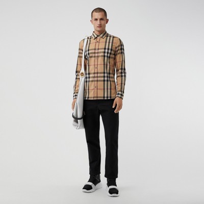 Check Stretch Cotton Shirt in Camel - Men | Burberry United States