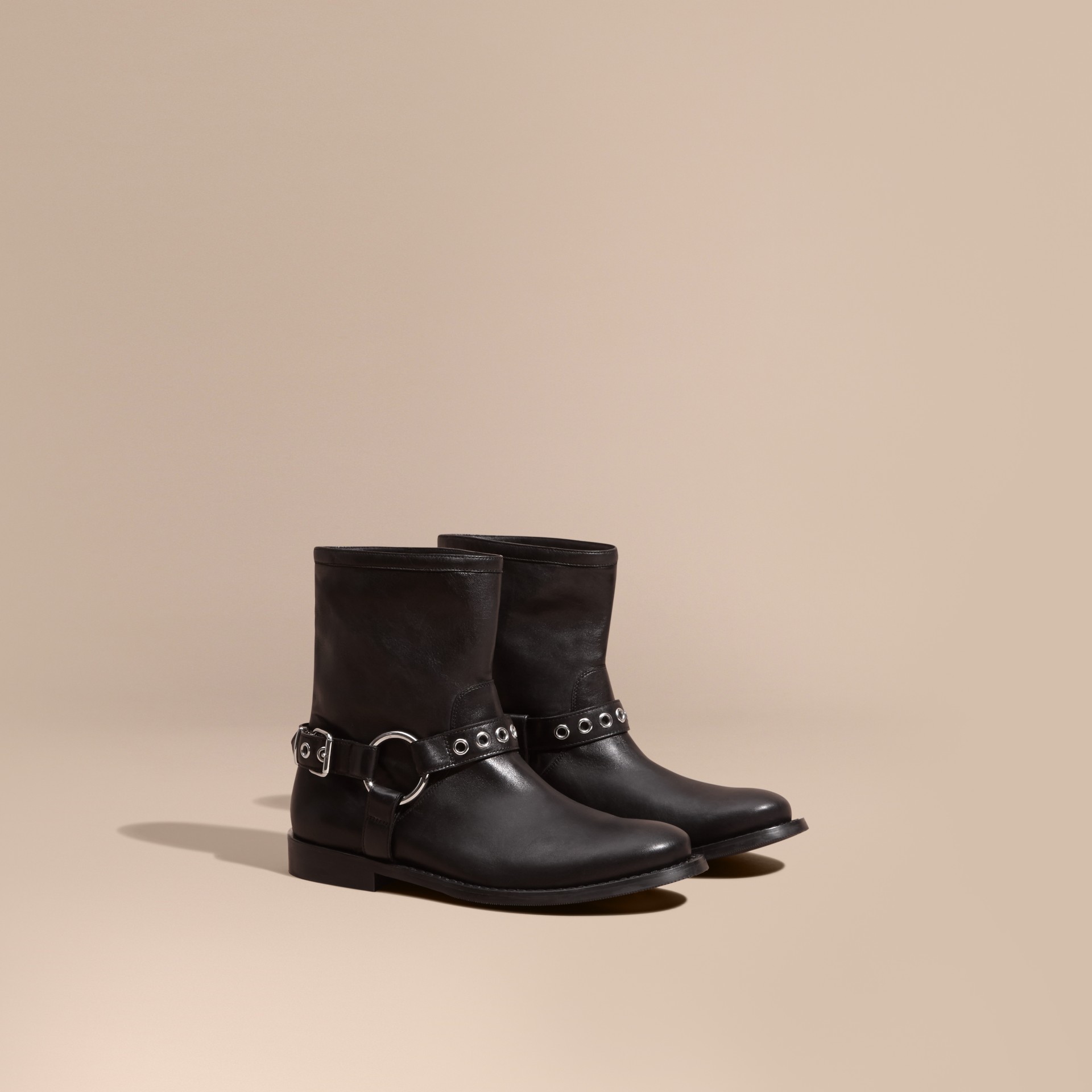 Buckle Detail Leather Biker Boots Burberry