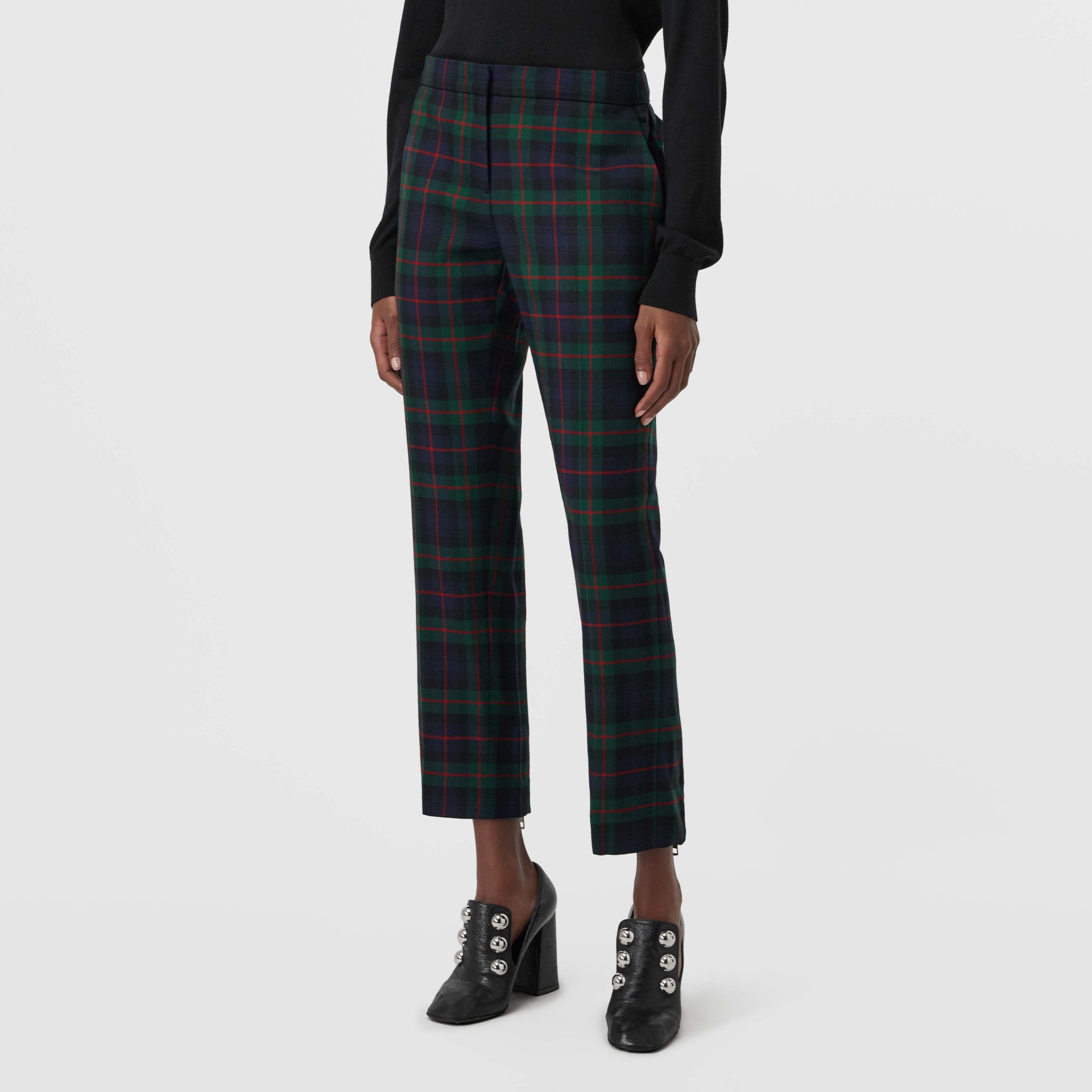 Zip Detail Check Wool Blend Trousers in Navy - Women | Burberry United ...