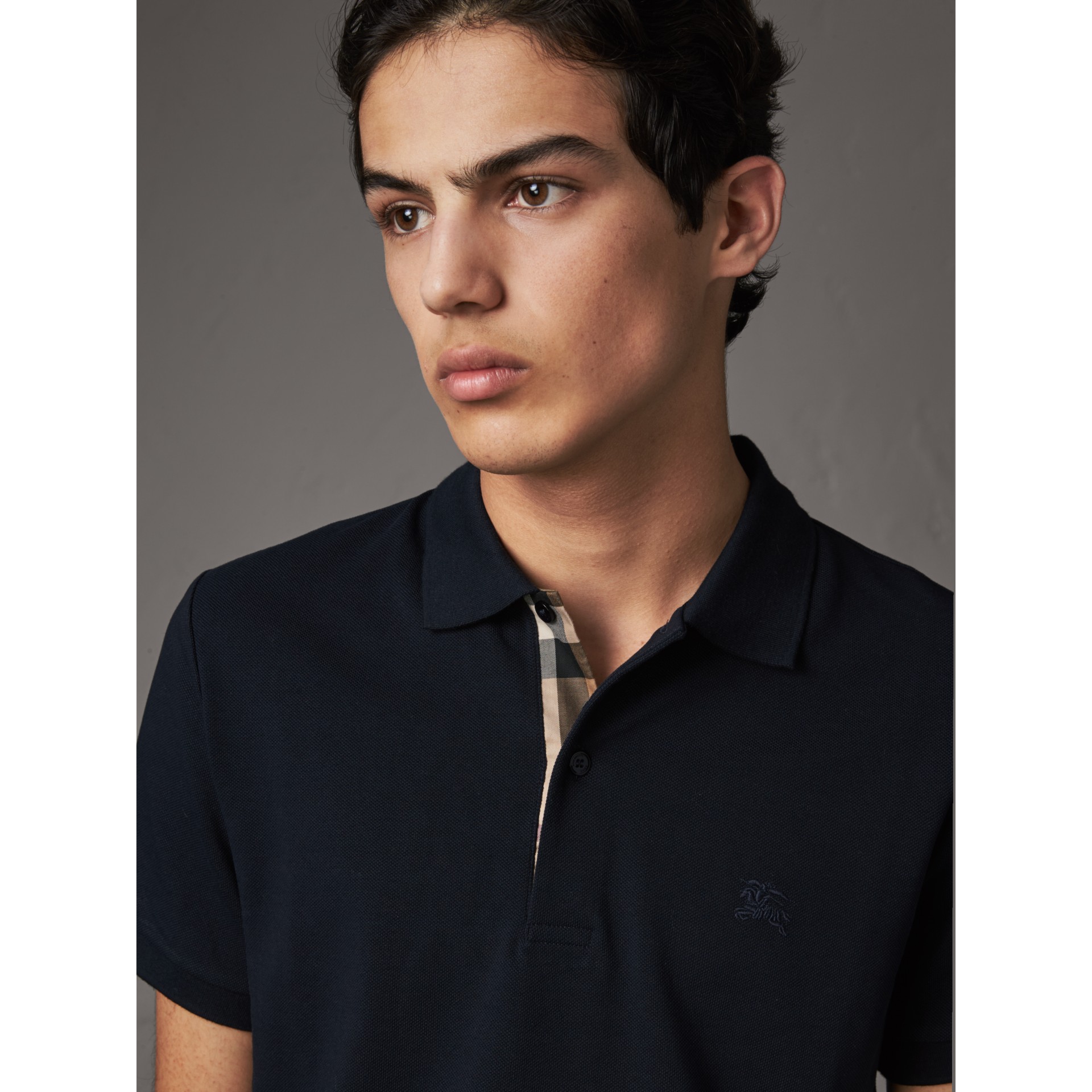 Check Placket Cotton Piqué Polo Shirt In Dark Navy Men Burberry