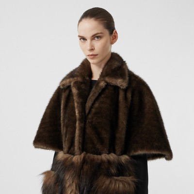 Faux Fur Cape Coat in Brown - Women 