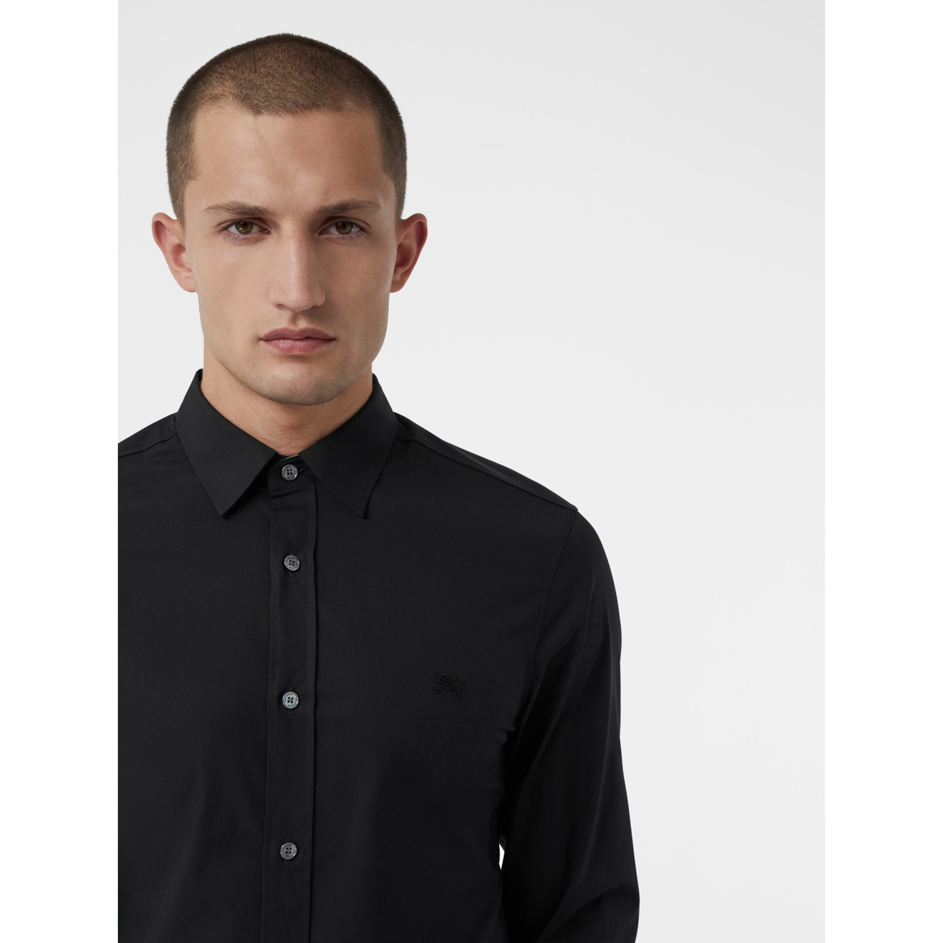 Check Detail Stretch Cotton Poplin Shirt in Black - Men | Burberry ...