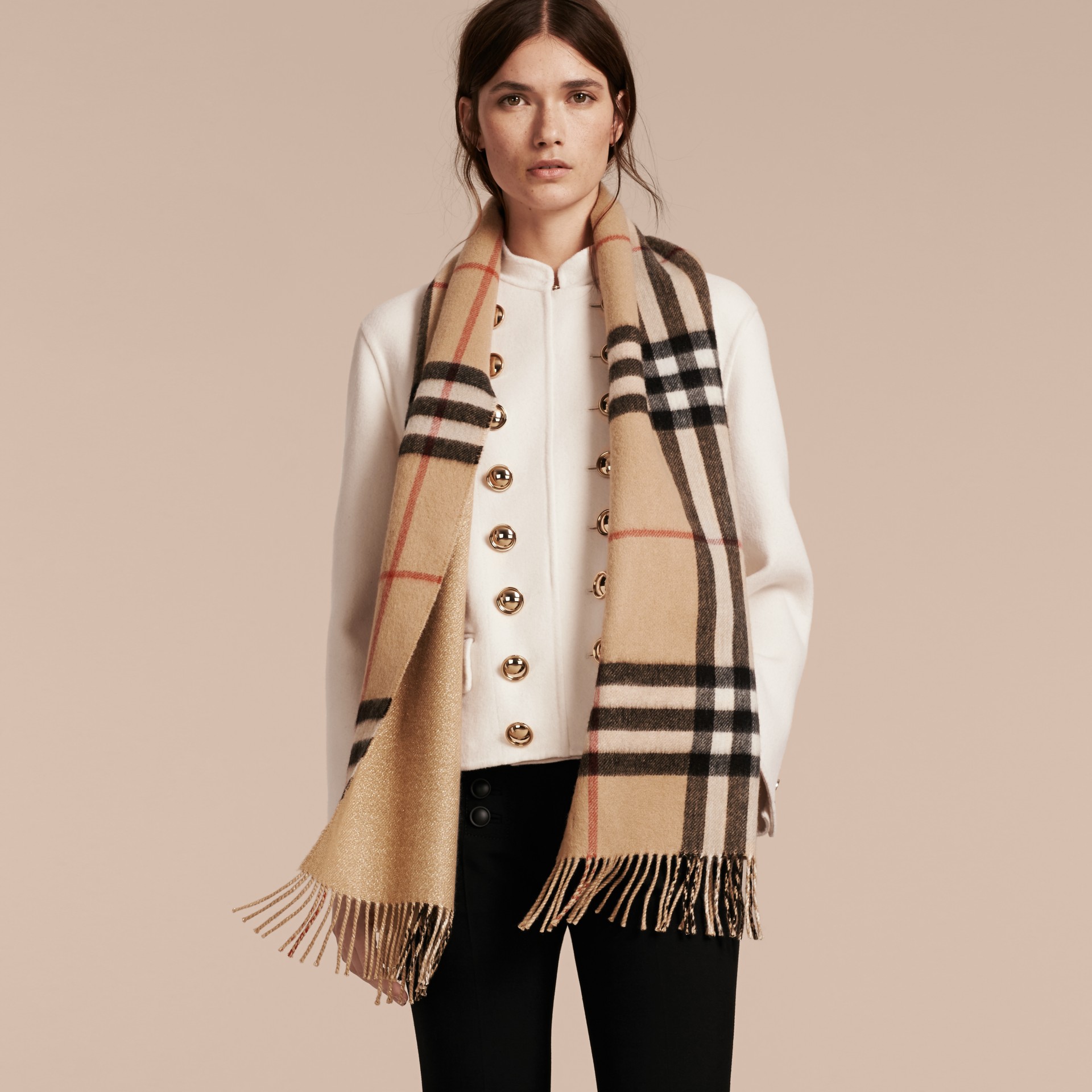 Reversible Metallic Check Cashmere Scarf in Camel | Burberry United States