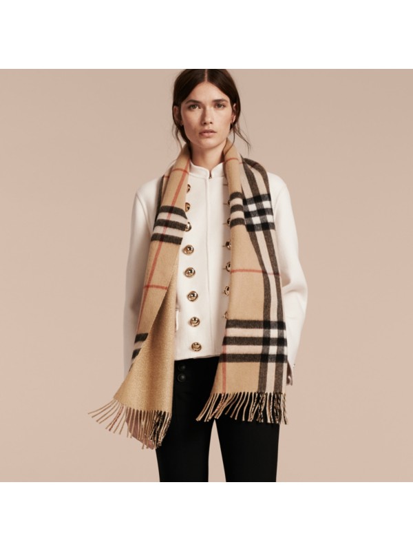 Reversible Metallic Check Cashmere Scarf in Camel | Burberry United States