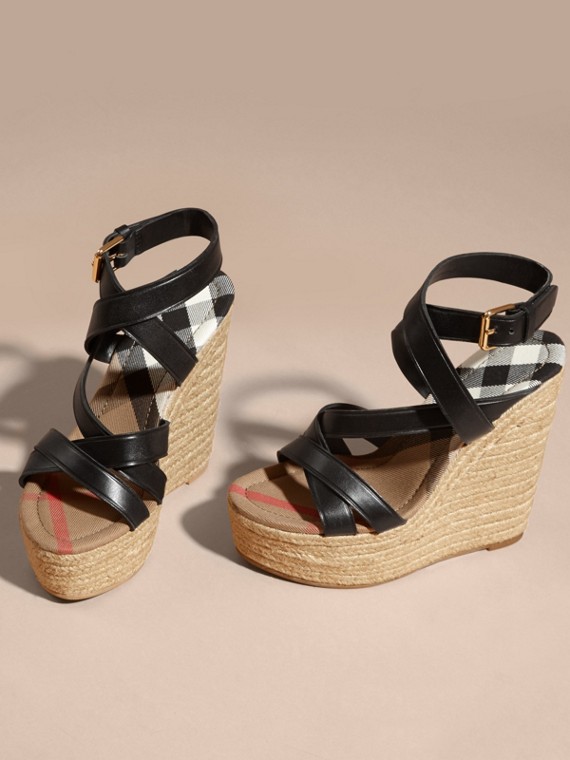 Leather Platform Espadrille Wedge Sandals In Black - Women Burberry Leather Platform Espadrille Wedge Sandals in Black - Women | Burberry - cell image 3 - Leather Platform Espadrille Wedge Sandals In Black - Women Burberry