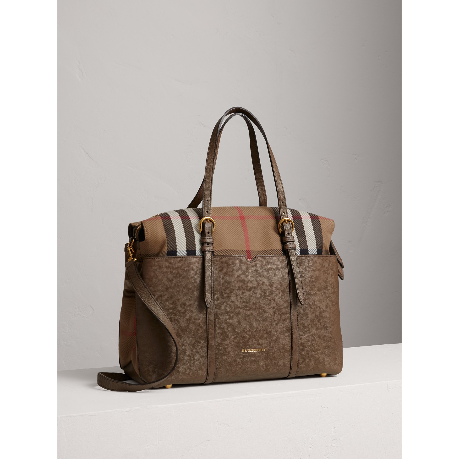 House Check and Leather Baby Changing Bag in Taupe Grey Burberry