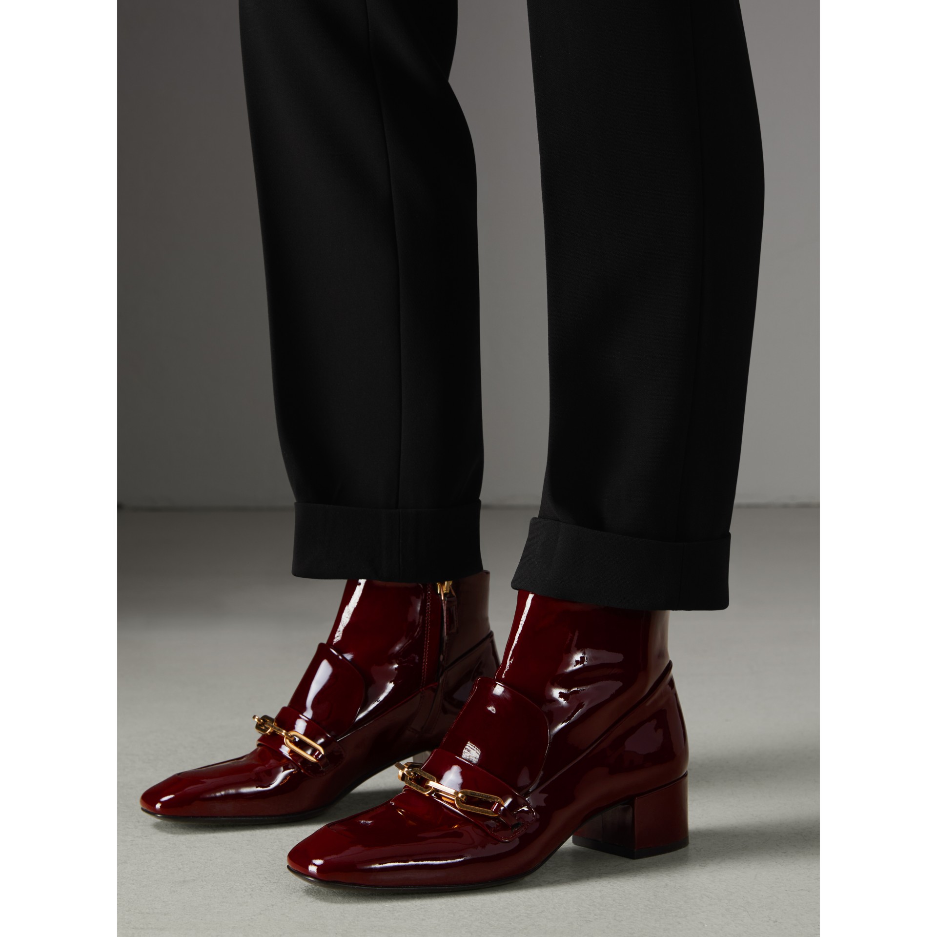 Link Detail Patent Leather Ankle Boots in Burgundy Red Women