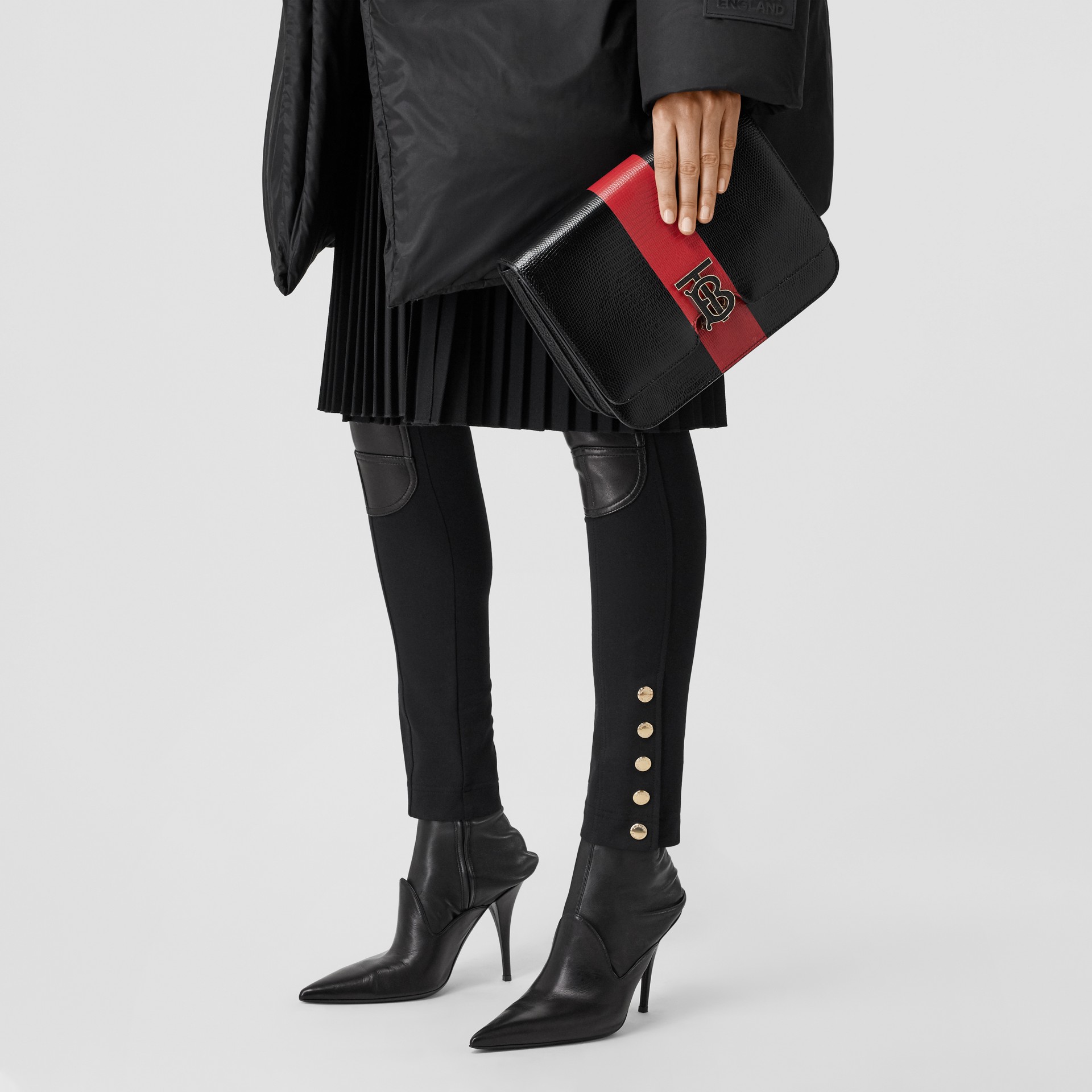 Medium Striped Embossed Leather TB Bag in Black - Women | Burberry ...