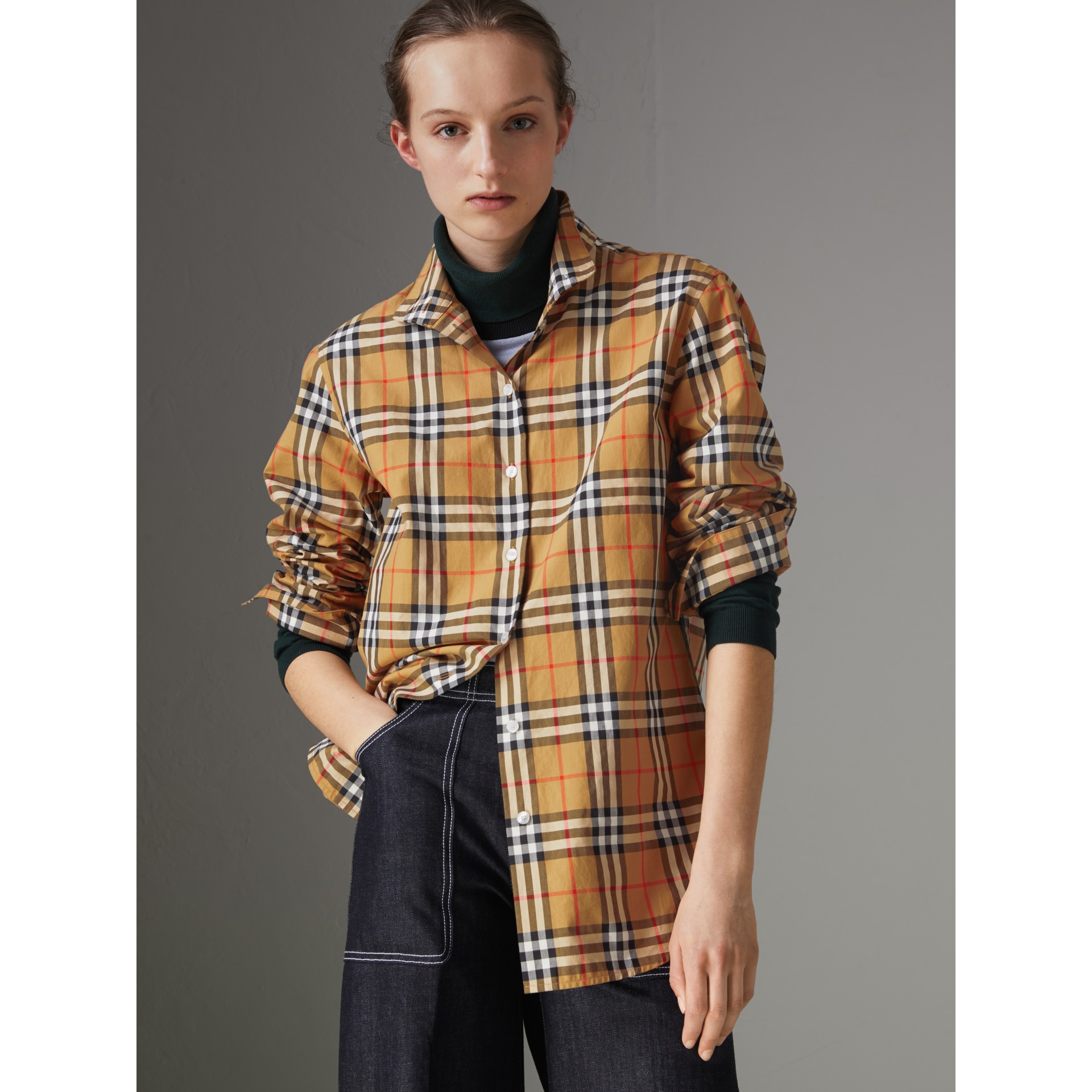 Stand Collar Vintage Check Cotton Shirt in Antique Yellow - Women ...