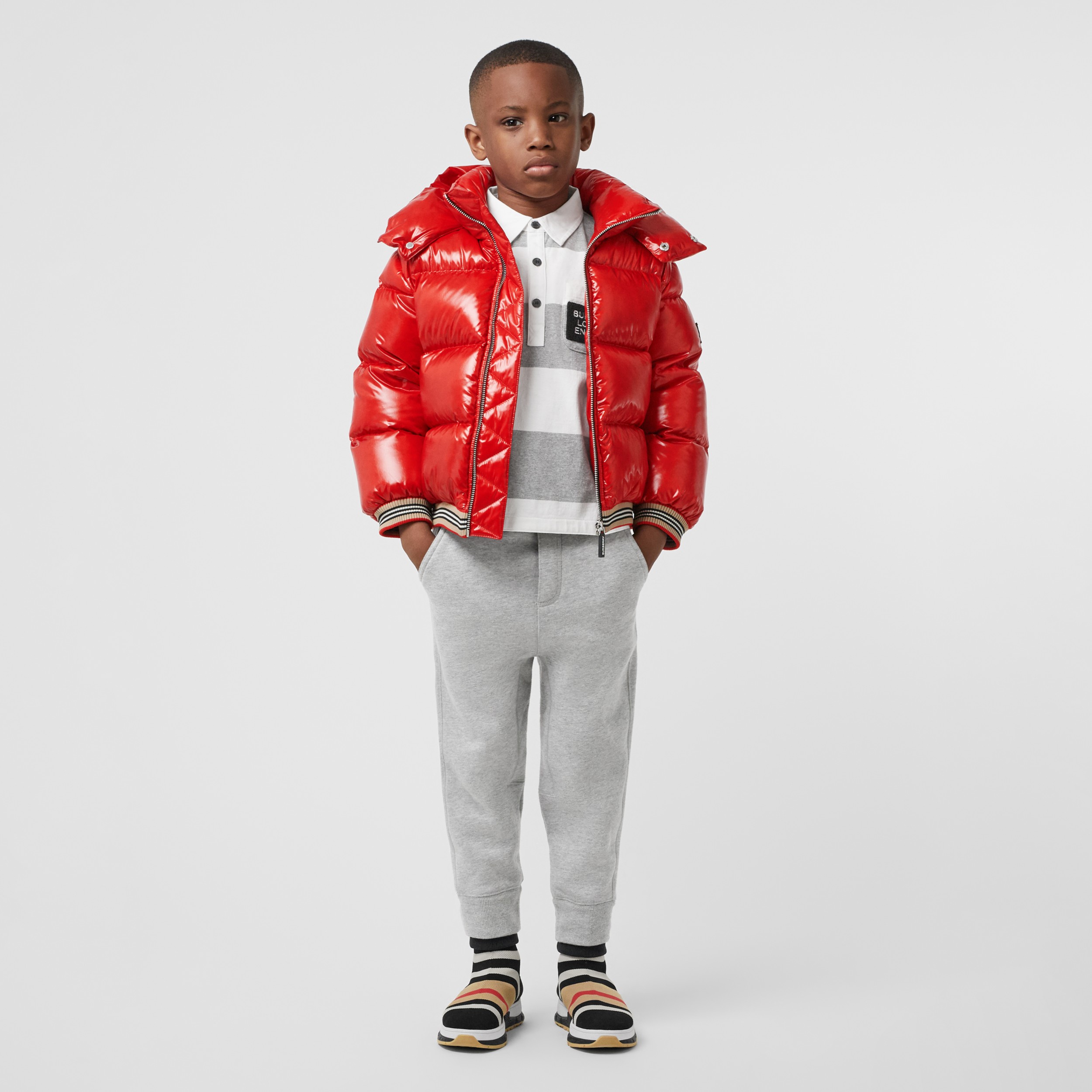 Icon Stripe Detail Down-filled Hooded Puffer Jacket in Bright Red ...