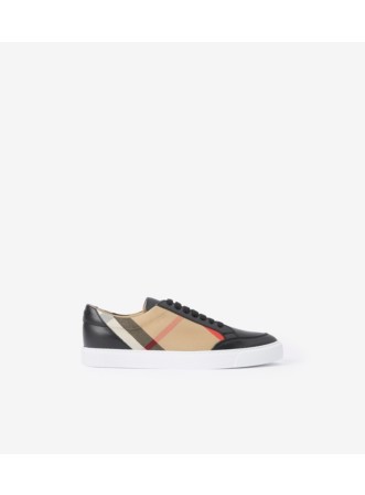 House Check and Leather Sneakers in Optic white - Women - Burberry