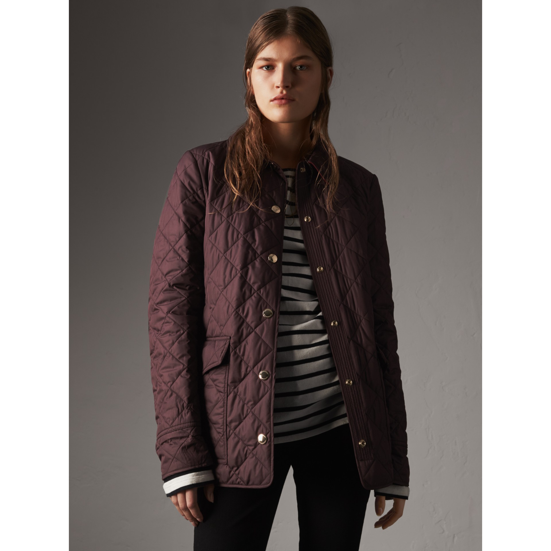 Check Detail Diamond Quilted Jacket in Burgundy - Women | Burberry ...