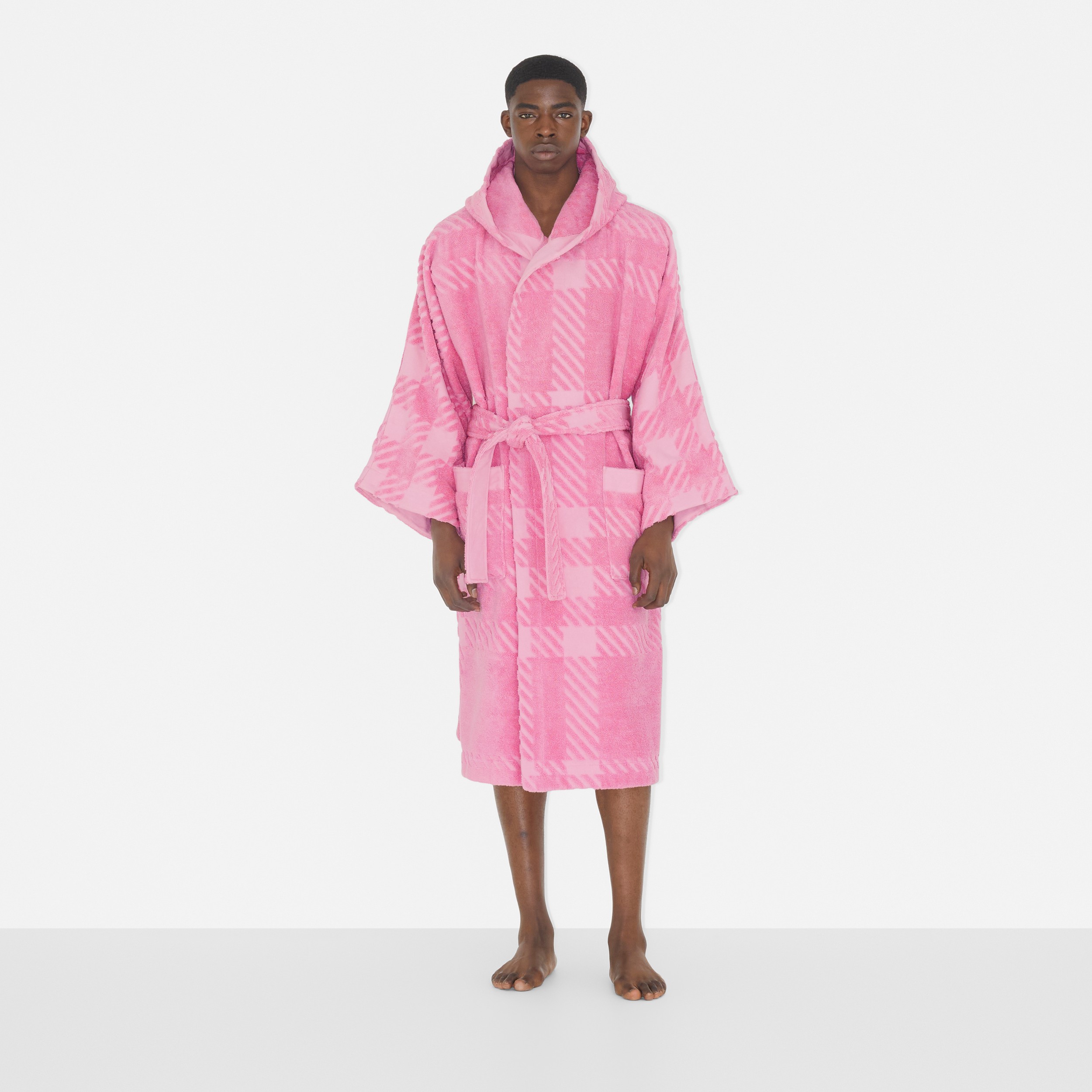 Check Cotton Jacquard Hooded Robe in Bubblegum Pink | Burberry® Official - 3