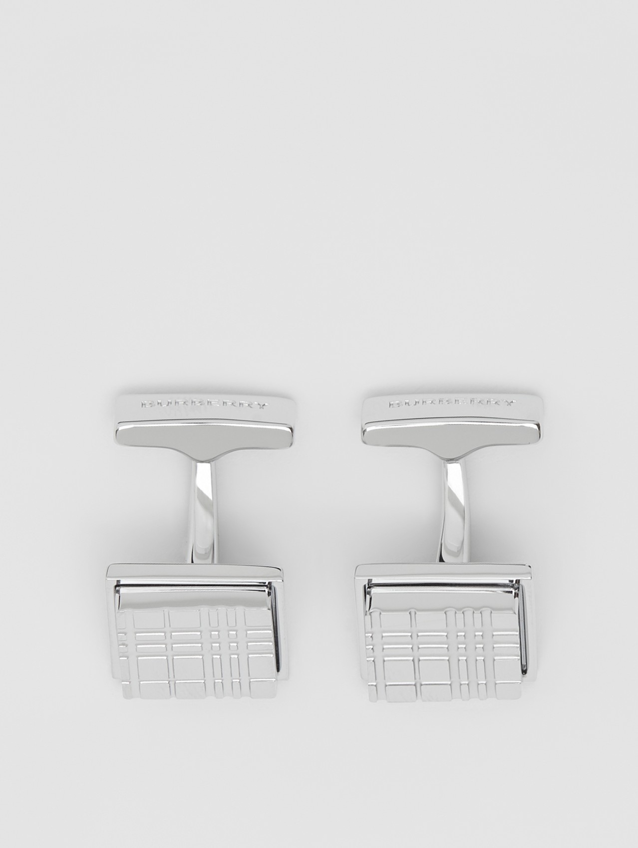 Palladium-plated Check-engraved Square Cufflinks in Silver