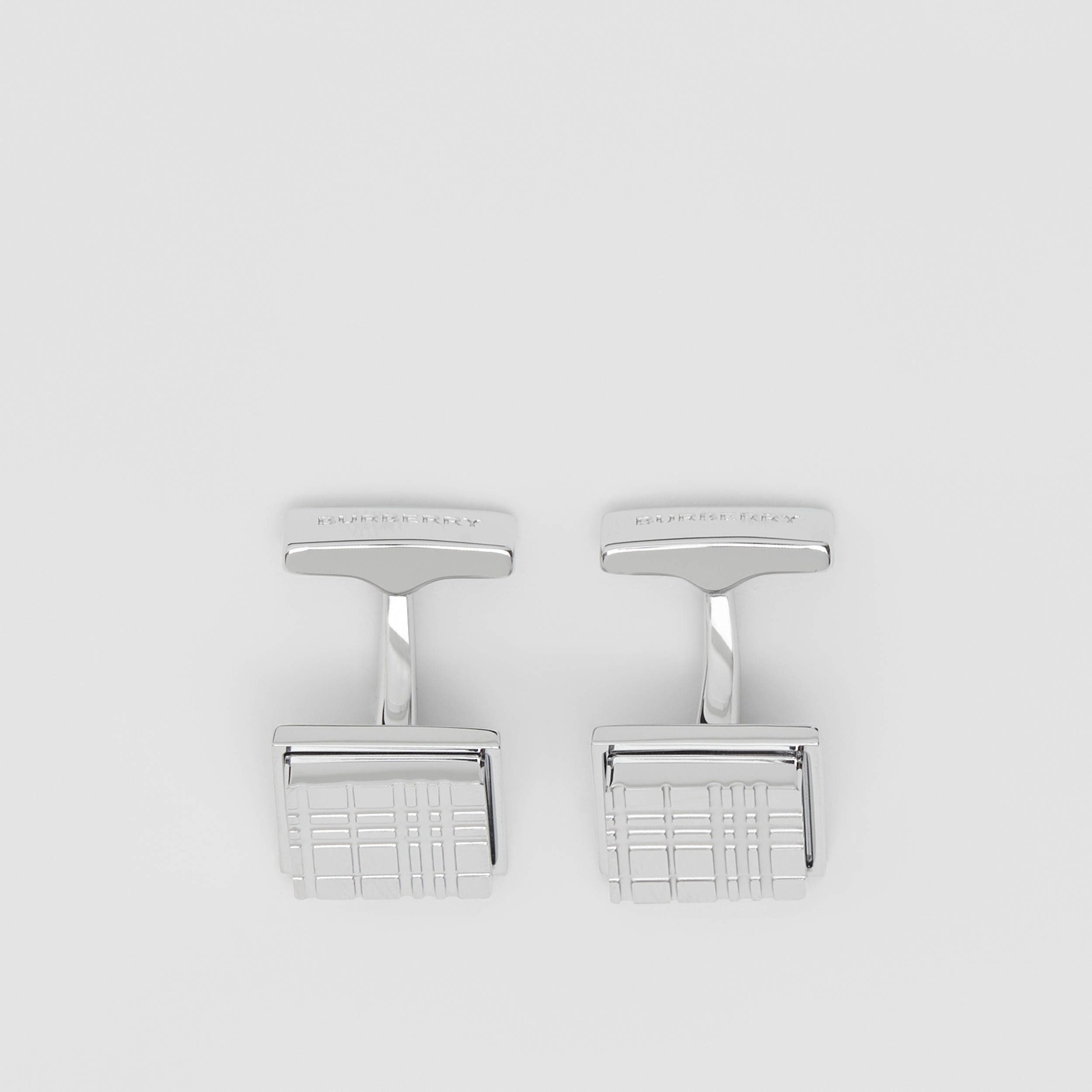 Palladium-plated Check-engraved Square Cufflinks - Men | Burberry® Official - 3
