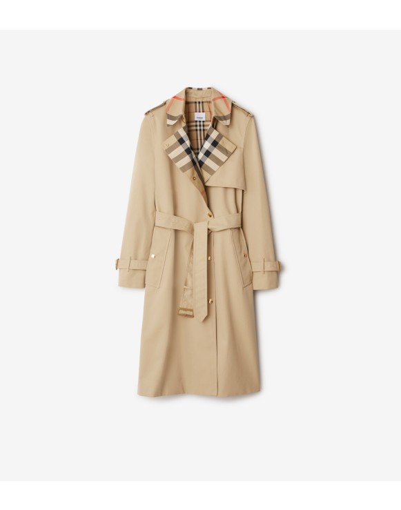 Langer Trenchcoat aus Gabardine mit Check-Kragen