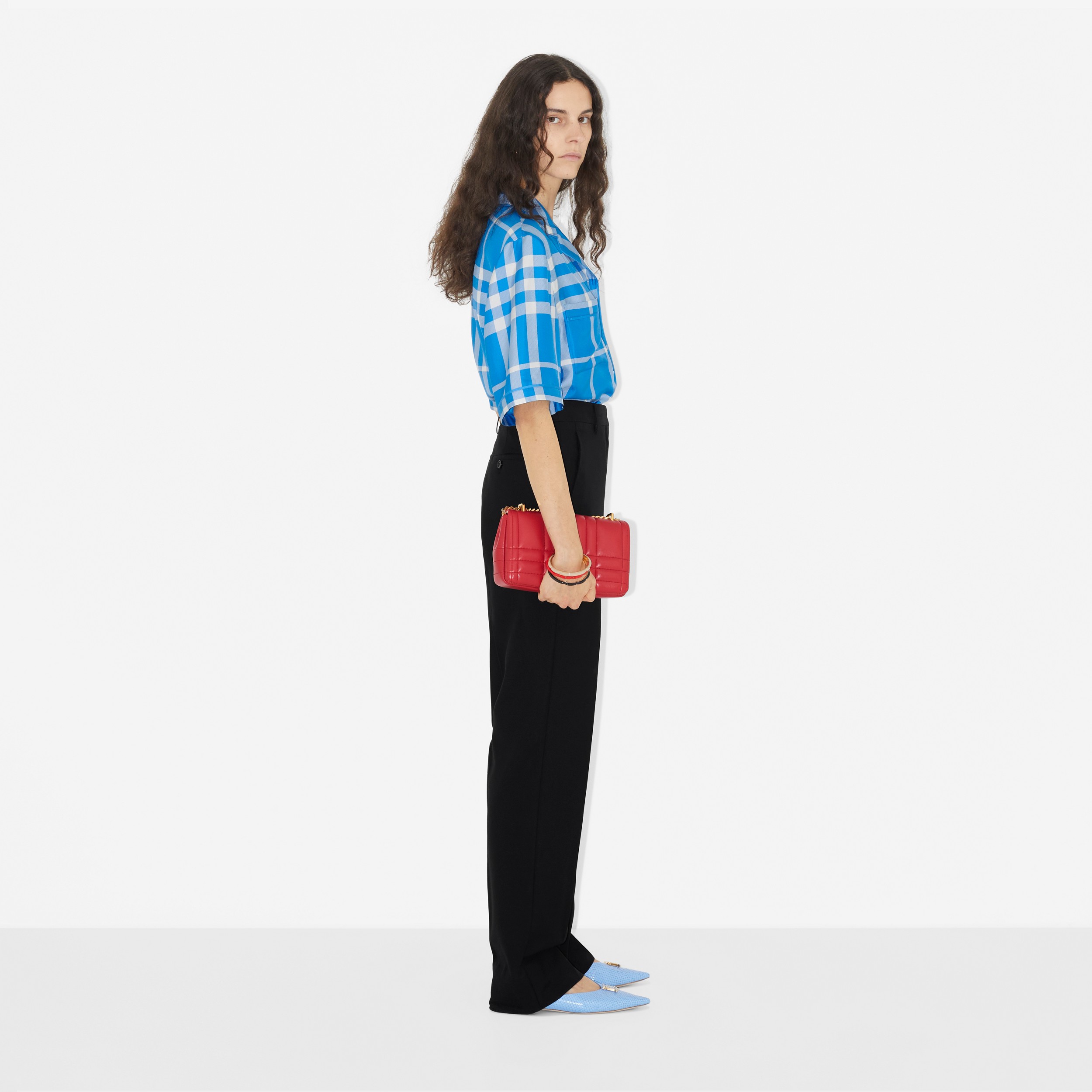 Exaggerated Check Silk Pyjama Shirt in Vivid Blue - Women | Burberry® Official - 3