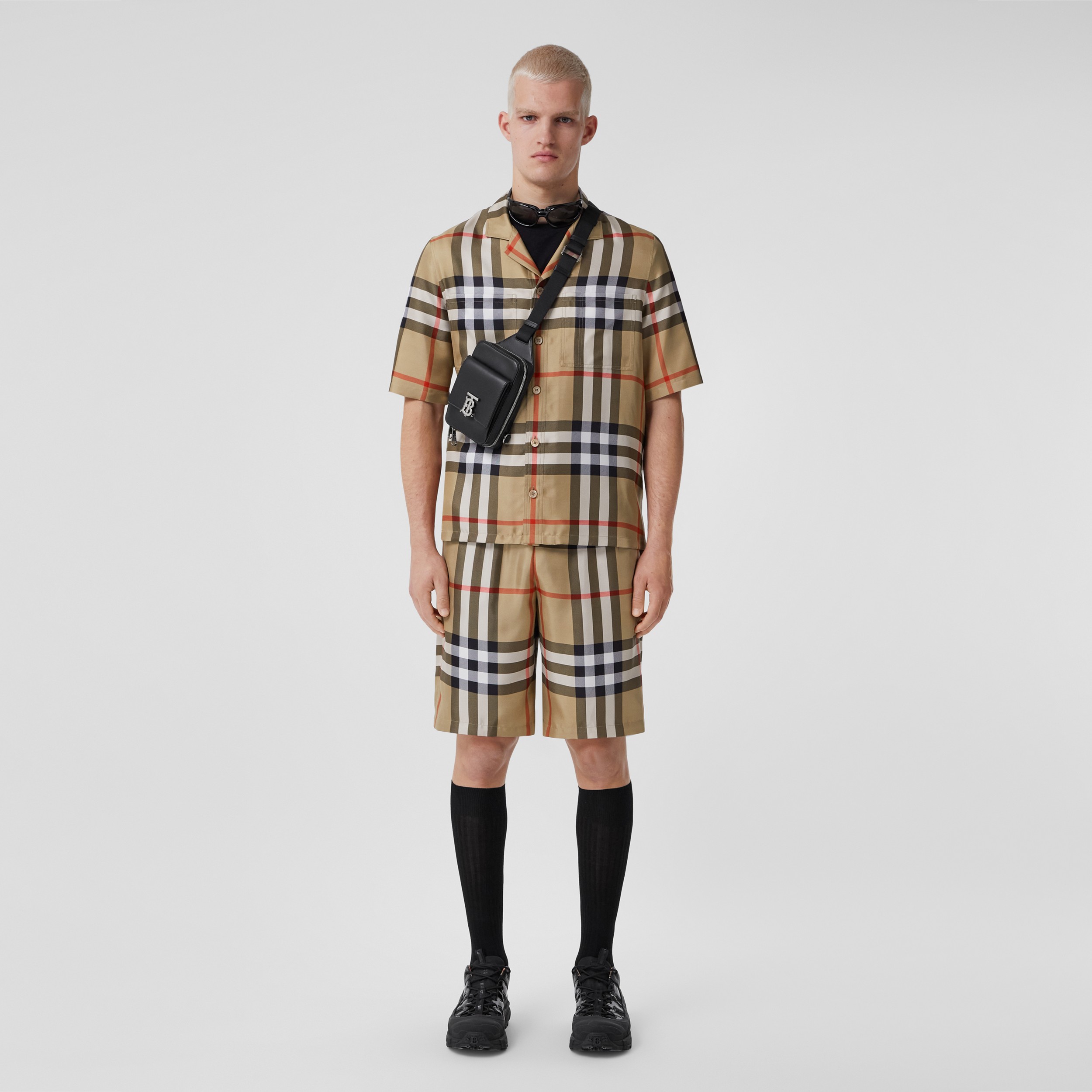 Short-sleeve Check Silk Shirt in Archive Beige - Men | Burberry® Official - 1